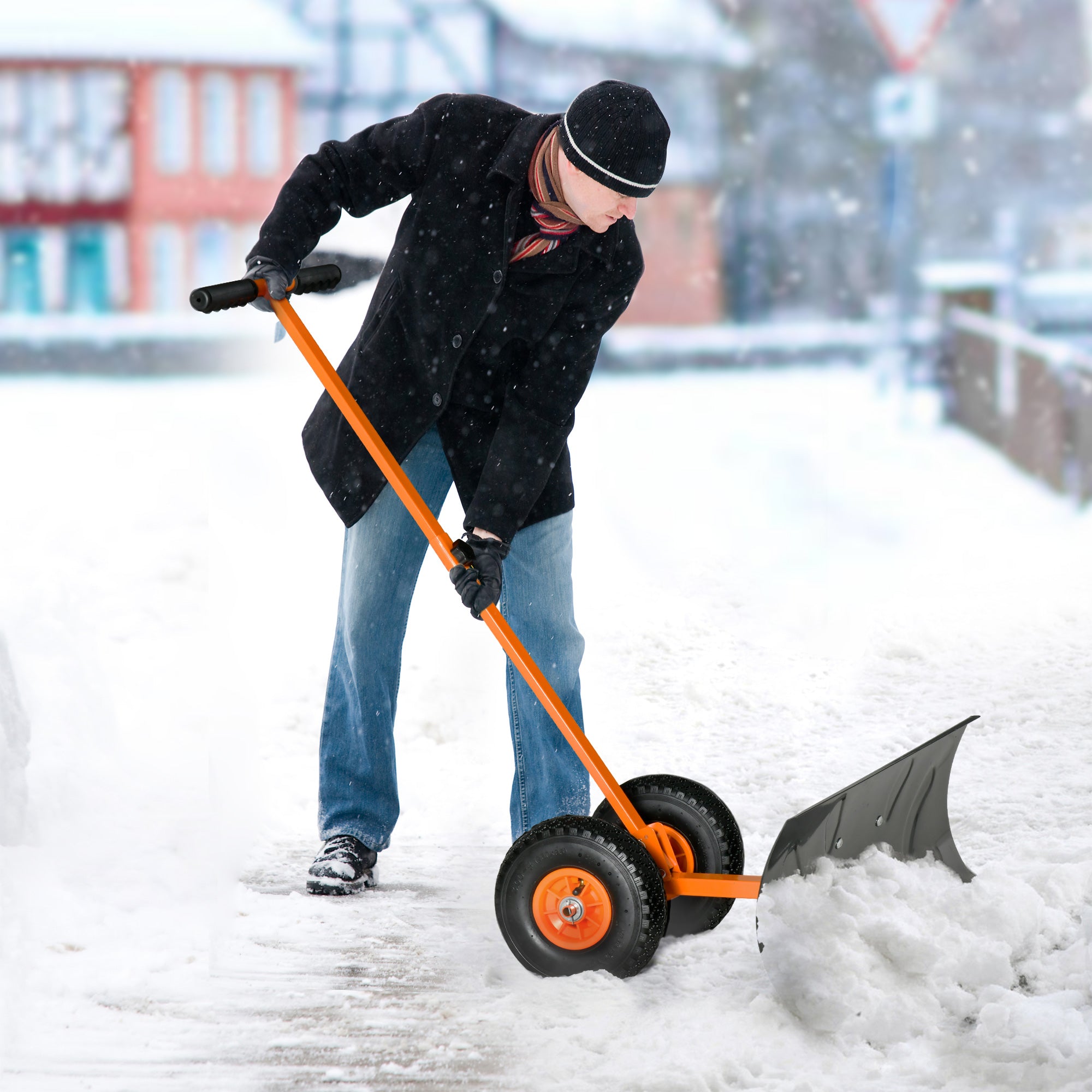Snow Shovel, Rolling Pusher with 29" Blade, 10" Wheels & Angle-Adjustable Handle, Orange