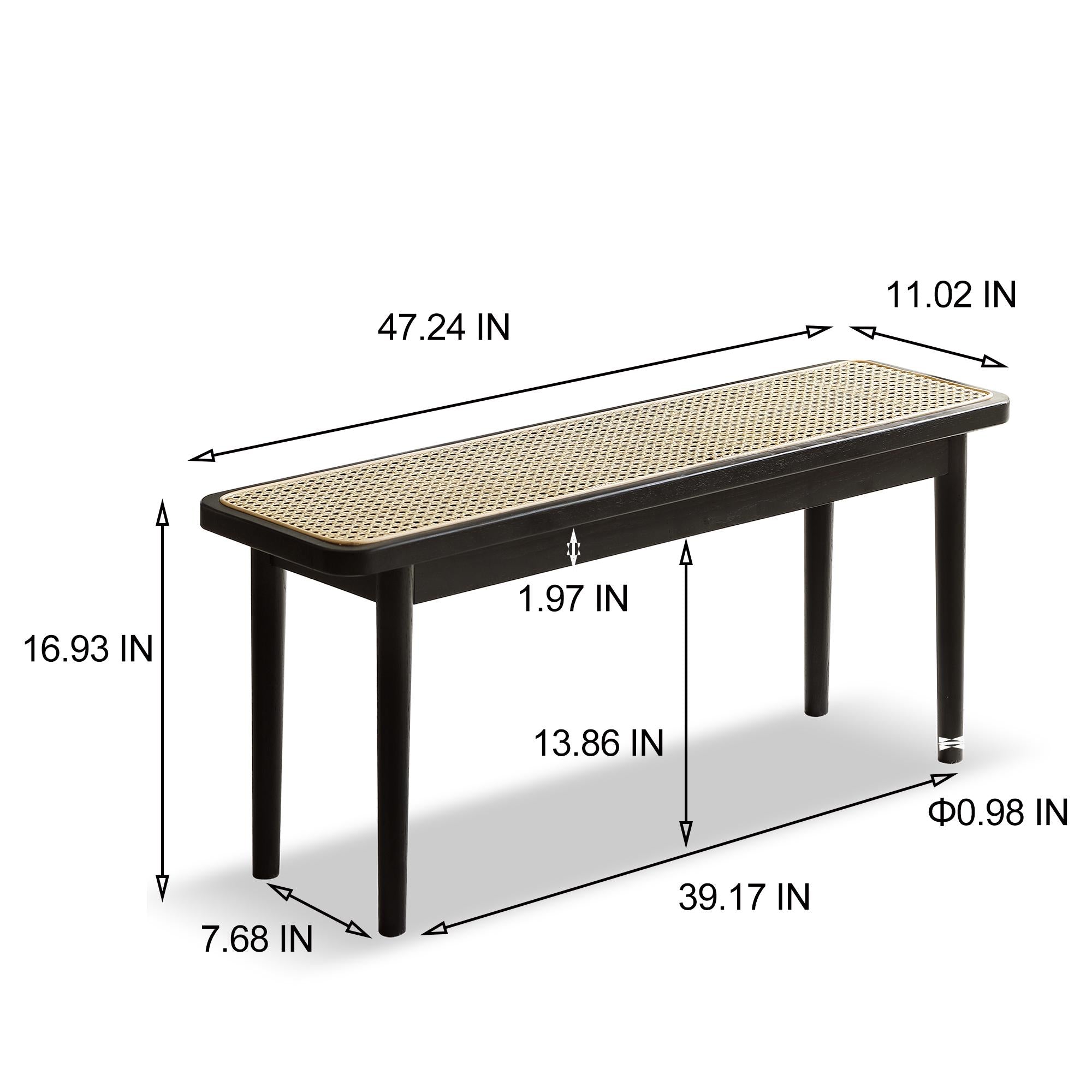 Solid Oak Bench with Handcrafted Octagonal Weave Rattan Top, Versatile Entryway Seating for Modern Daily Use, 47″ L x 11″ W x 17″, Black