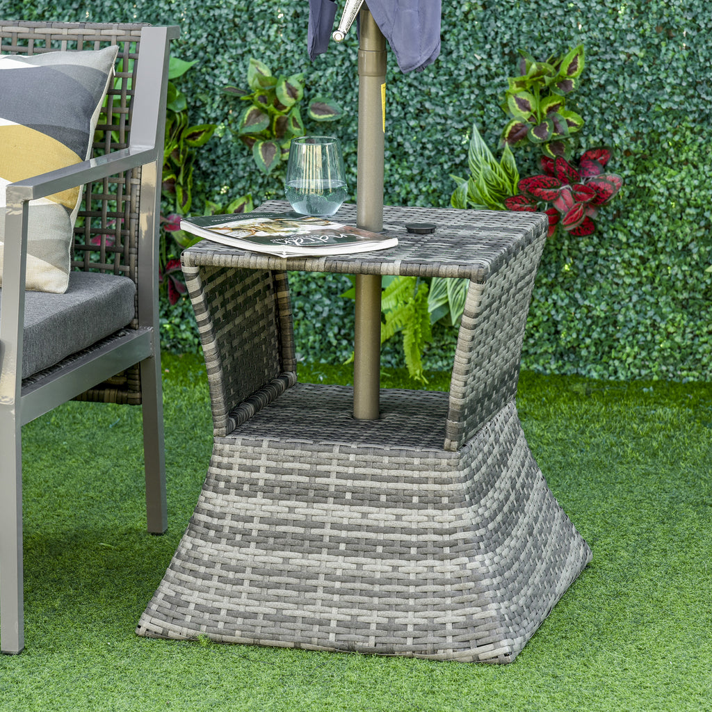 Outdoor Side Table with Umbrella Hole, 2 Tier Rattan Wicker End Table with Storage Shelf, All Weather for Patio, Garden, Backyard, Mixed Gray