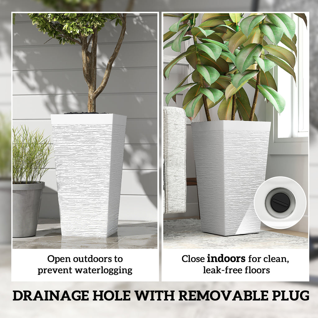 22.8 Inch Set of 3 Outdoor Planters with Stone Finish and Wheels, Stackable Tapered Planters with Drainage Hole, White