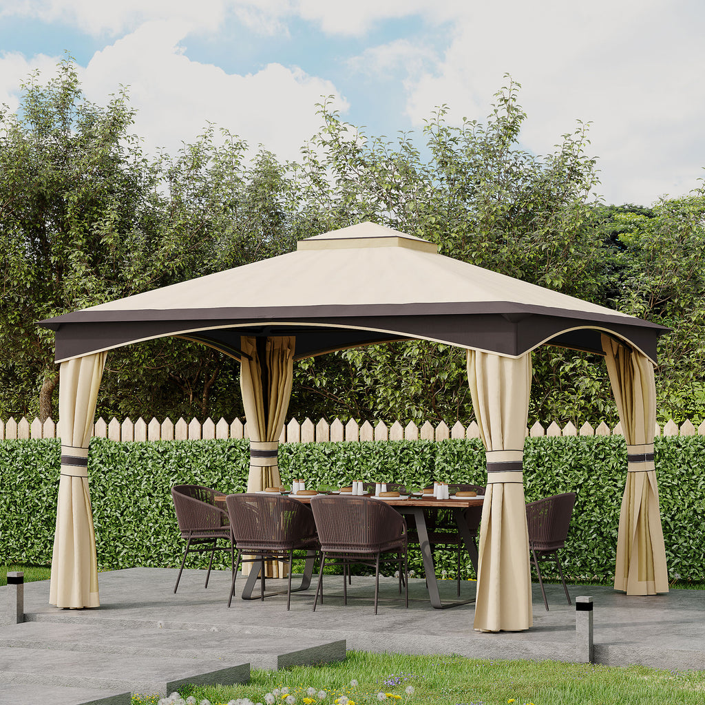 10' x 12' Outdoor Gazebo with Netting, Patio Gazebo Canopy with 2-Tier Soft Top Roof and Steel Frame for Lawn, Garden, Backyard and Deck