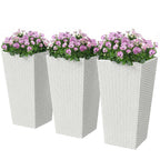Tall Planters for Outdoor Plants Set of 3, 24 In Taper Planters with Drainage Holes, Rattan Decor Plant Pots, White