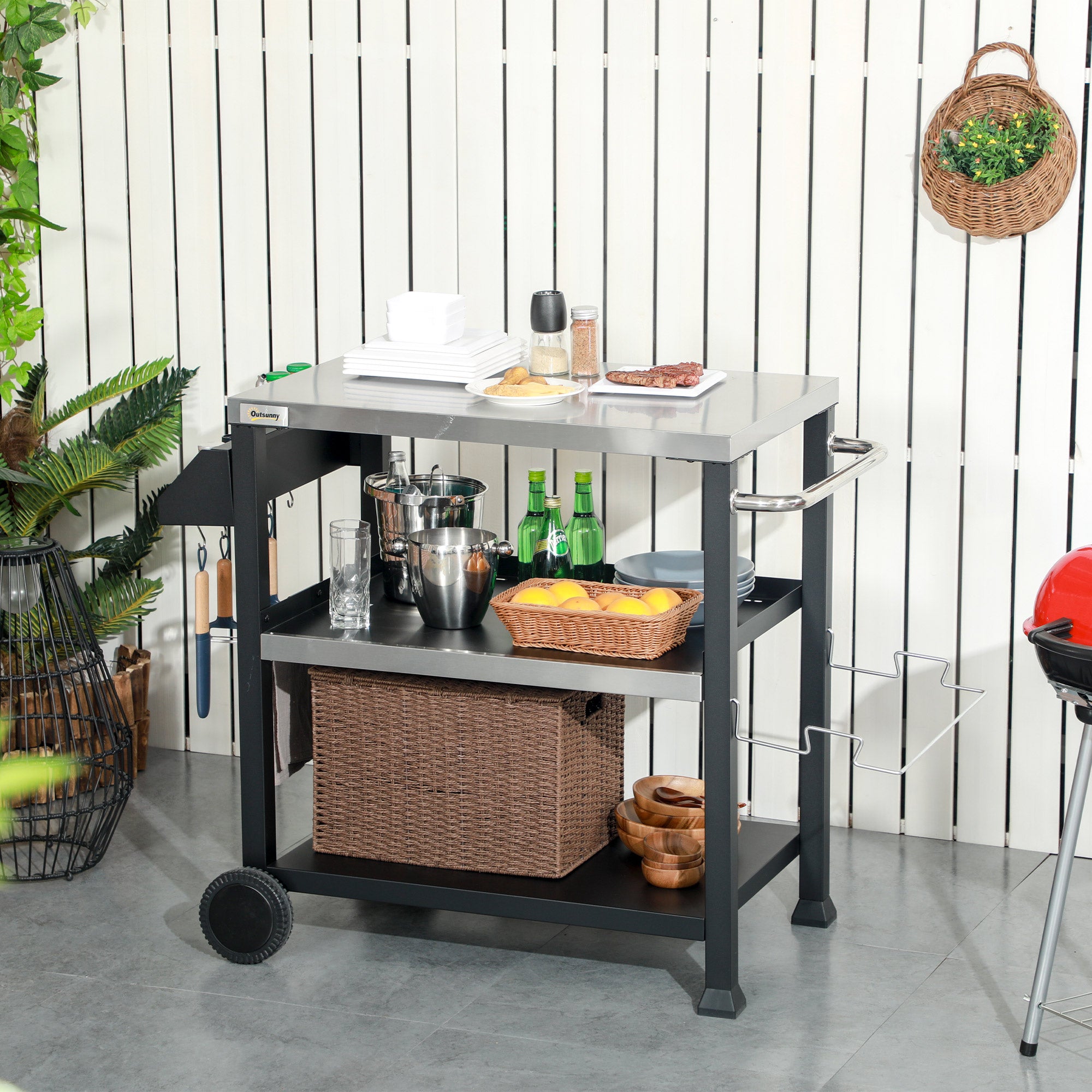 3-Shelf Outdoor Grill Cart Table with Side Handle, Stainless Steel Pizza Oven Stand on Wheels, Black