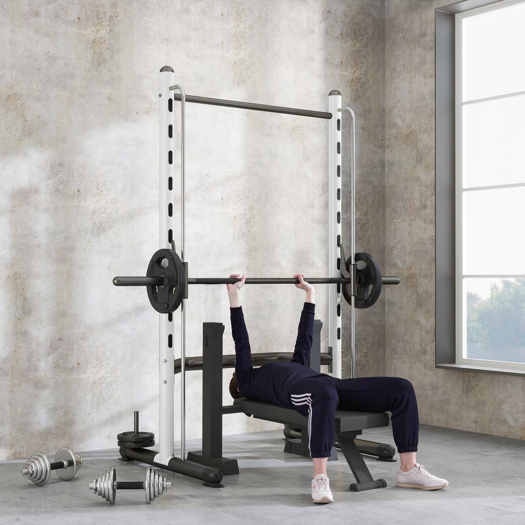 Squat Rack with Pull Up Bar and Barbell Bar Adjustable Bench Press Multi-Function Weight Lifting Half Rack, White