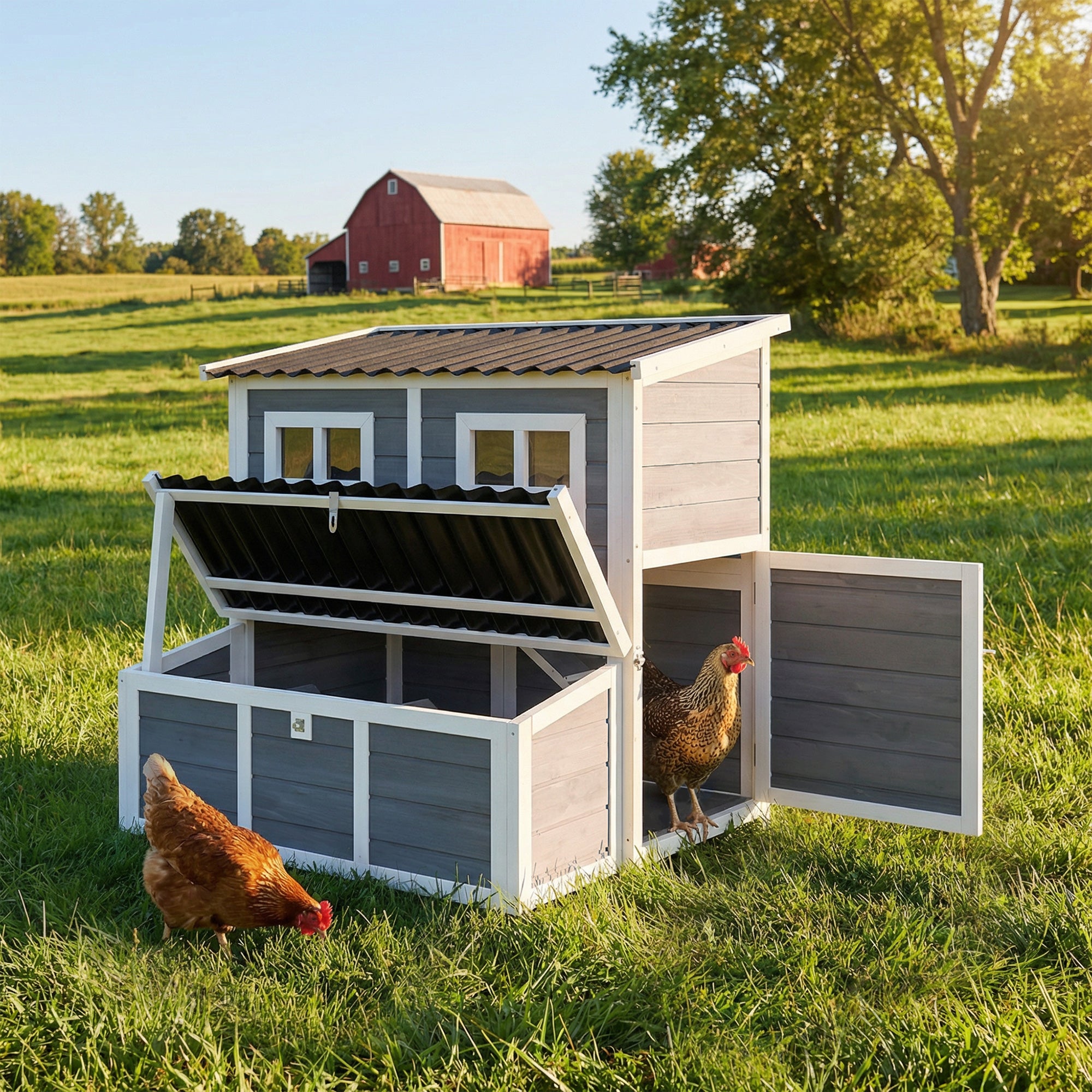 Wooden Chicken Coop with Nesting Box, Pull-Out Tray, Waterproof Roof, 39" Chicken House for 2-4 Chickens, Rabbits