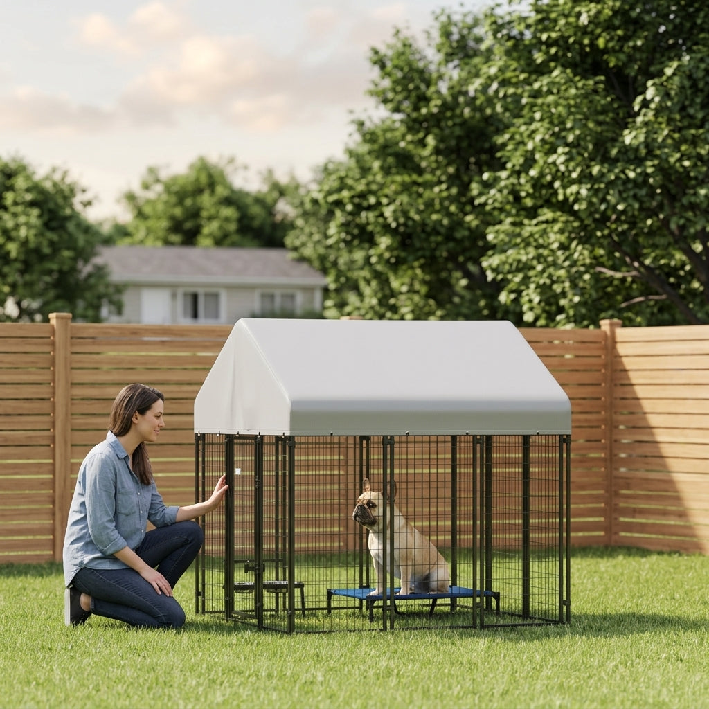 Outdoor Dog Kennel with Roof, 6' x 6' x 6' Heavy Duty Welded Wire Dog Playpen Enclosure with Escape-proof Lock