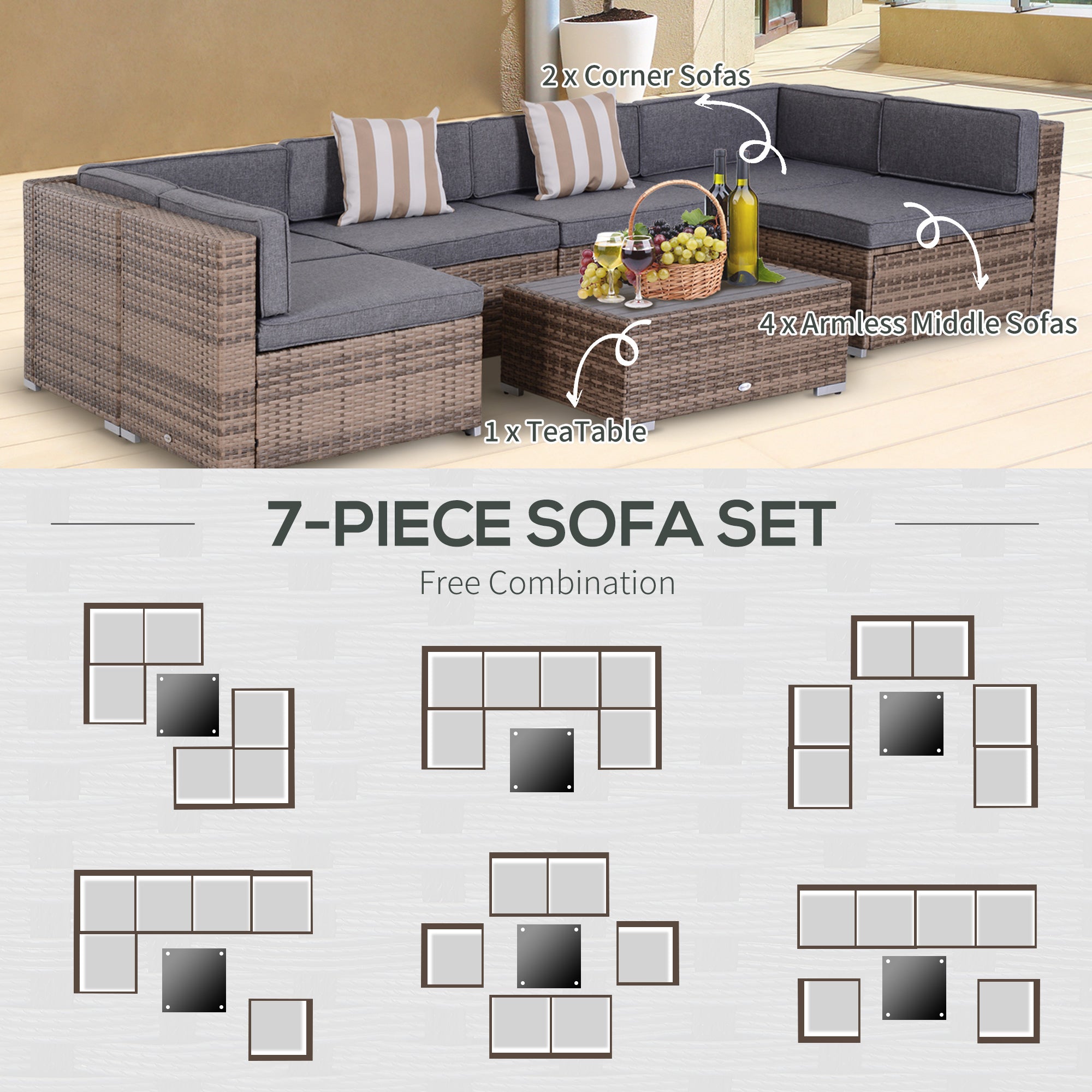 Modern Rattan Patio Furniture Set, 7-Piece Outdoor Wicker Sofa Set with Cushions for Home & Family Gatherings, Gray