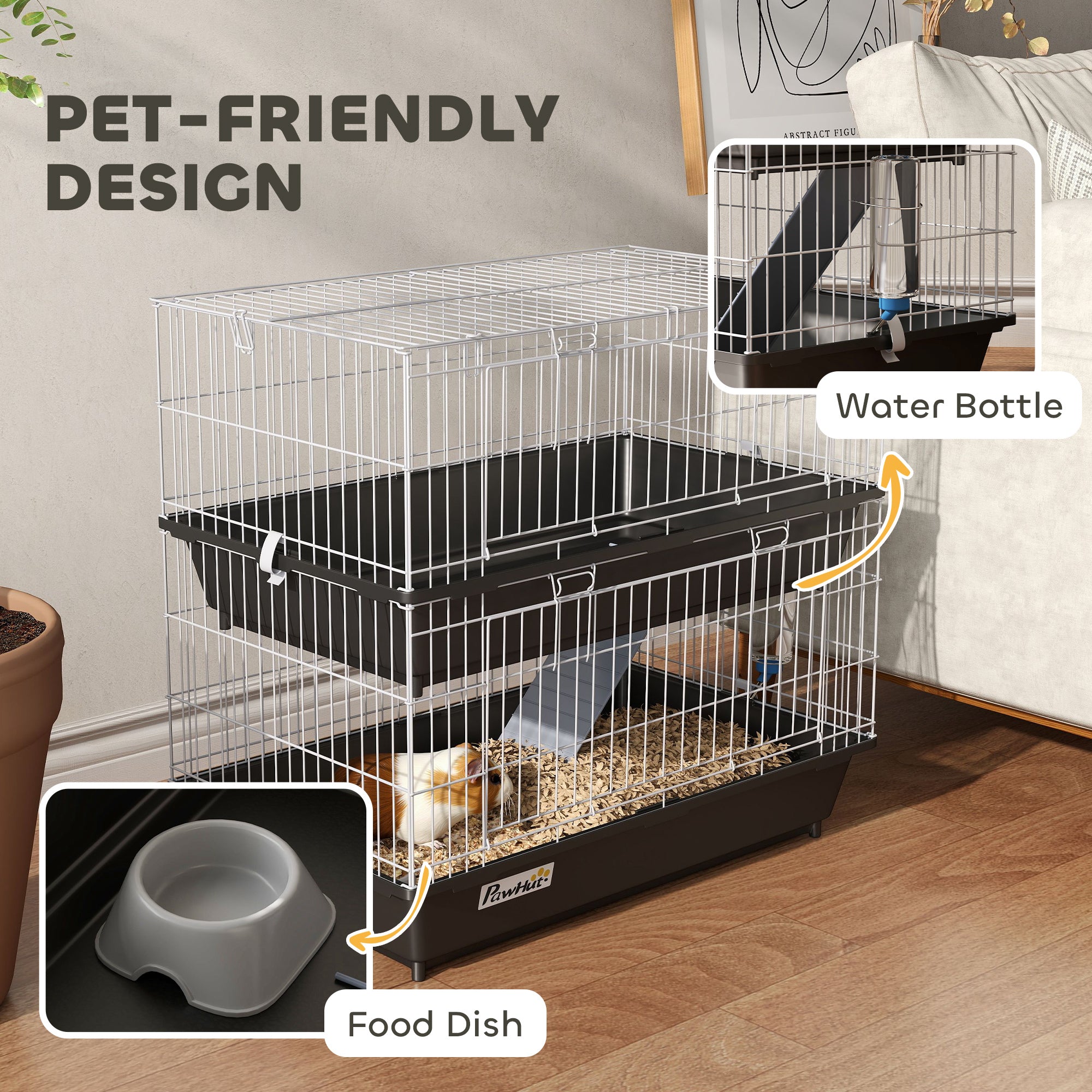 2-Tier Small Animal Cage with 2 Doors, Trays, Dish, Bottle, and Ramp for Bunny, Ferret, Chinchilla, Black