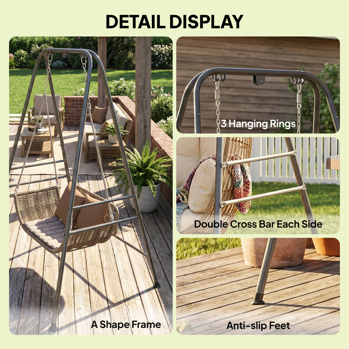 Hammock Chair Stand Indoor and Outdoor Use with Anti-Slip Foot Pads, 2 Carabiners, Gray