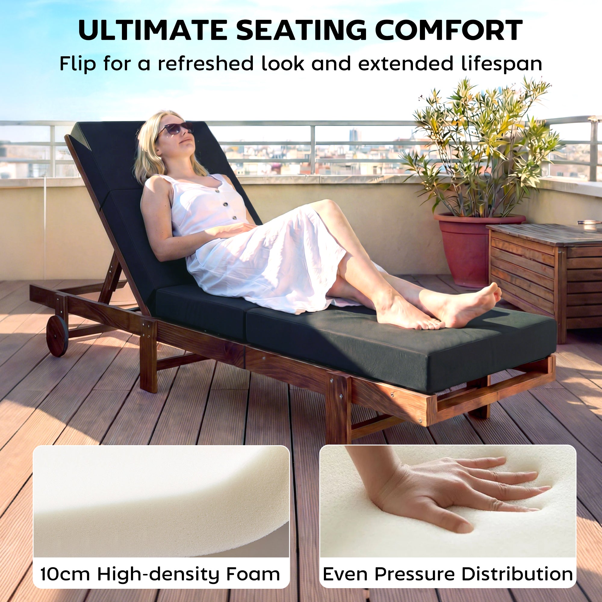Set of 2 Chaise Lounge Cushion, 4" Thick Outdoor Lounge Chair Cushions with Ties for Patio, 21" x 72", Gray
