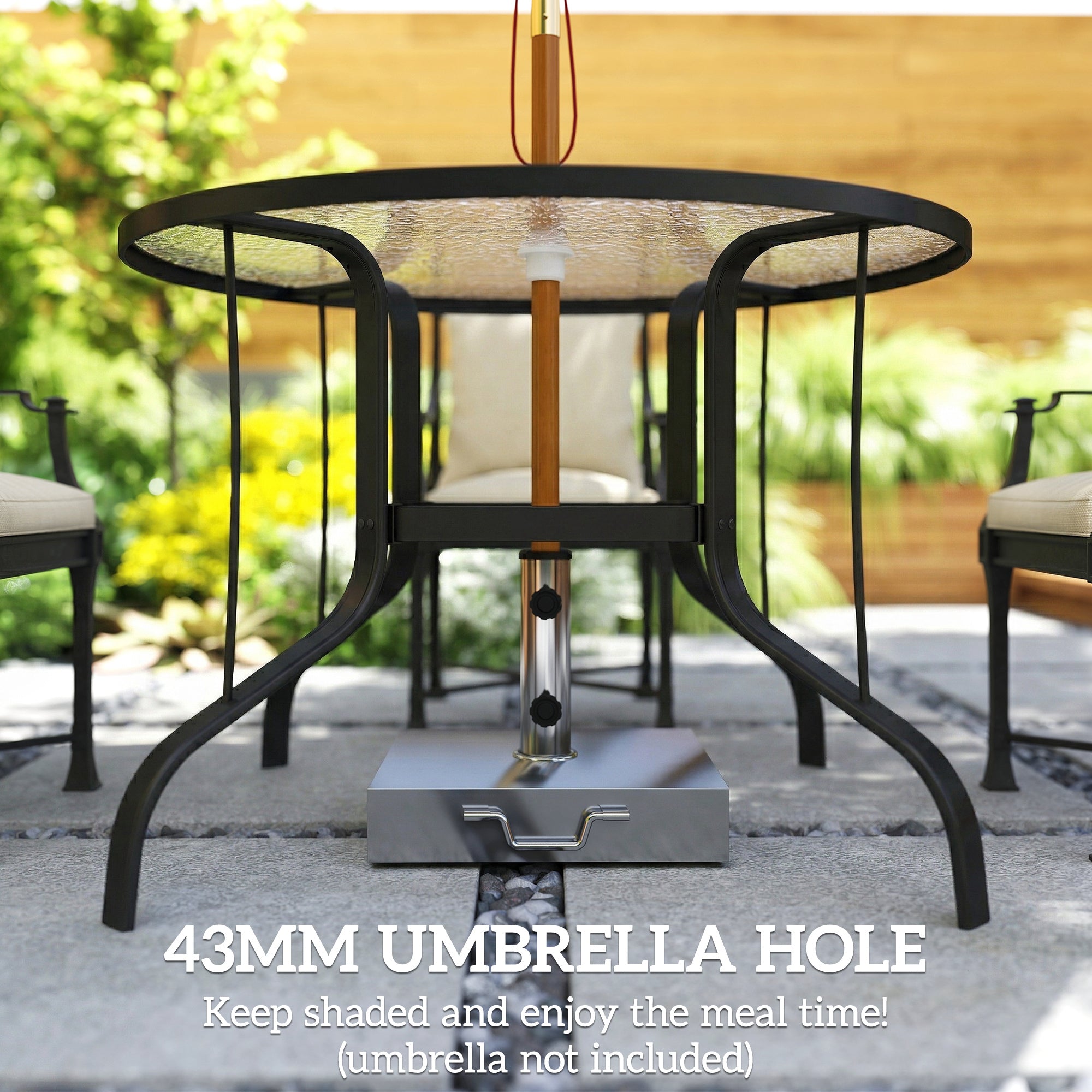 38" Round Patio Table with Umbrella Hole, Tempered Glass Outdoor Dining Table, Black