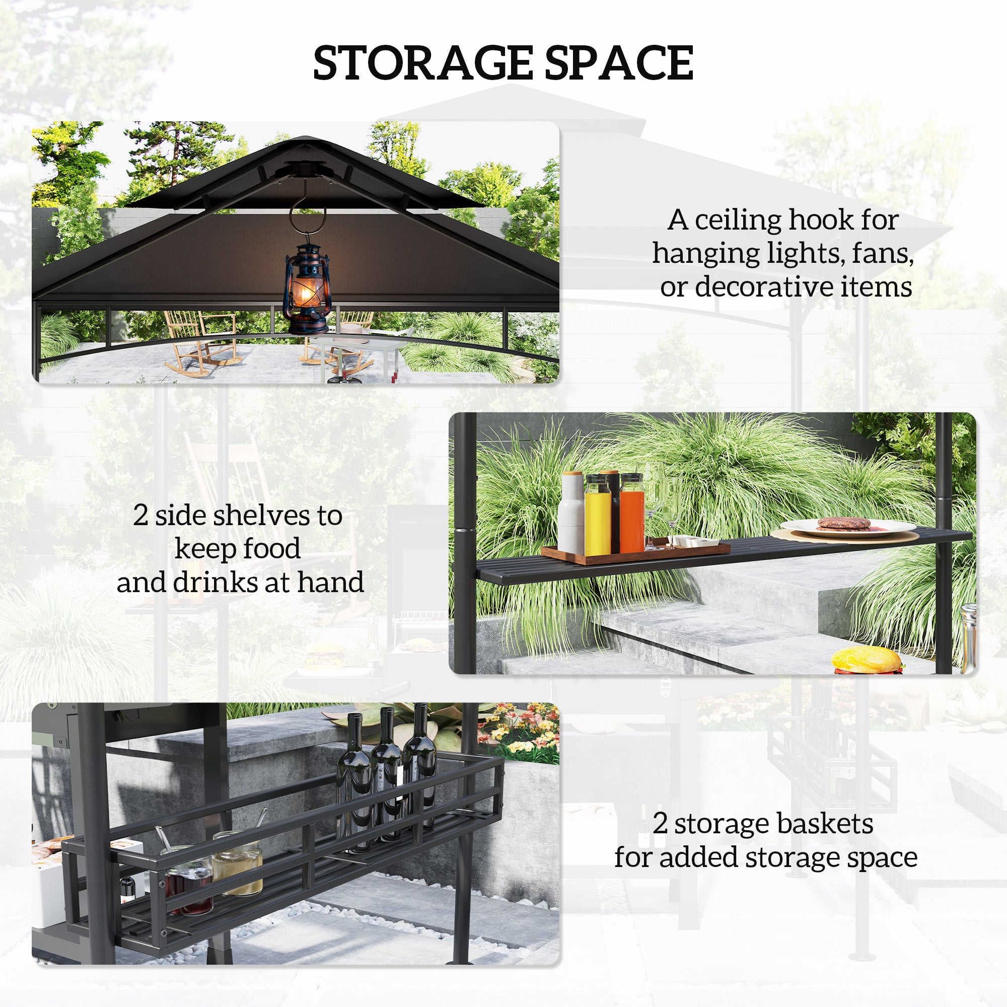 8' x 5' BBQ Grill Gazebo, 2-Tier Outdoor BBQ Gazebo with 2 Side Shelves, Storage Baskets, Ceiling Hook, Dark Gray