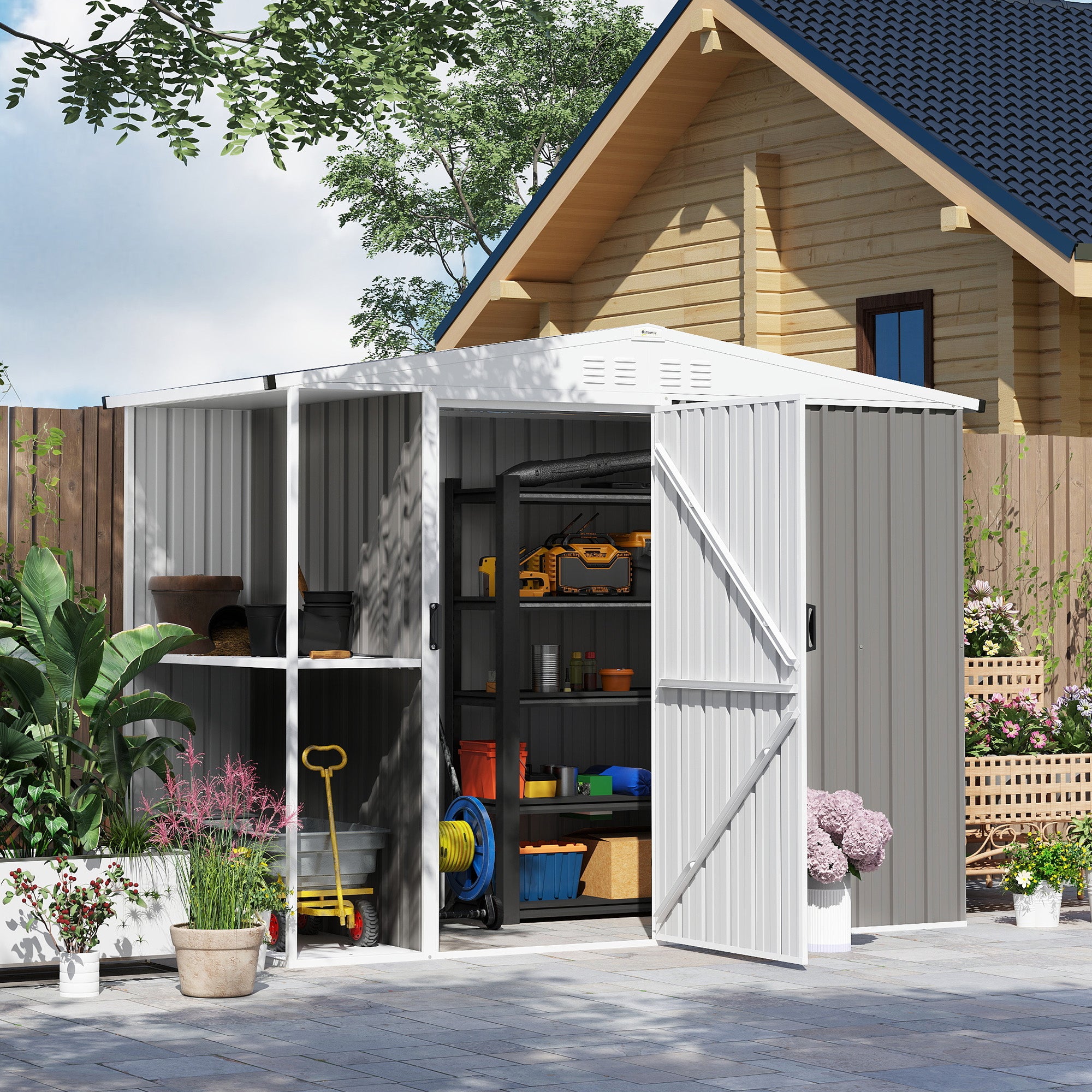 8 x 4ft Outdoor Garden Shed, Metal Shed with Air Vents and Lock for Backyard, Garden, Patio, Warm Gray
