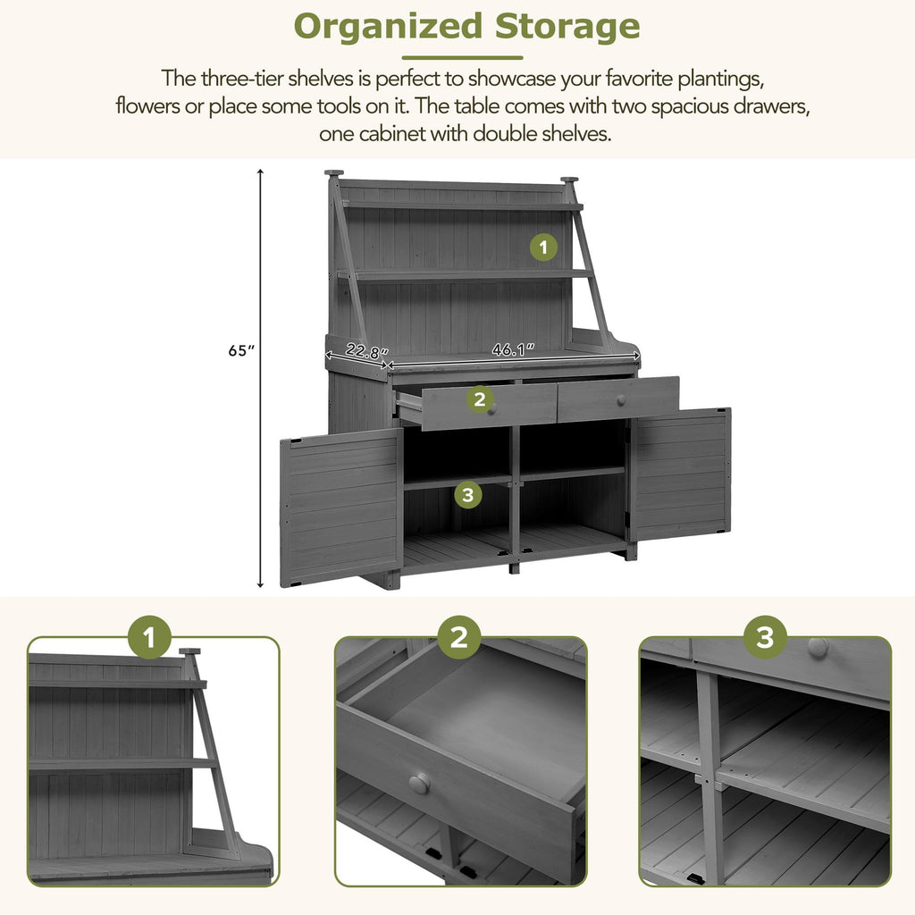 Fir Wood Potting Bench with Drawer & Cabinet for Garden, Outdoor Garden Workstation with Three-Tier Shelf, 47'' L x 23'' W x 65'' H, Gray