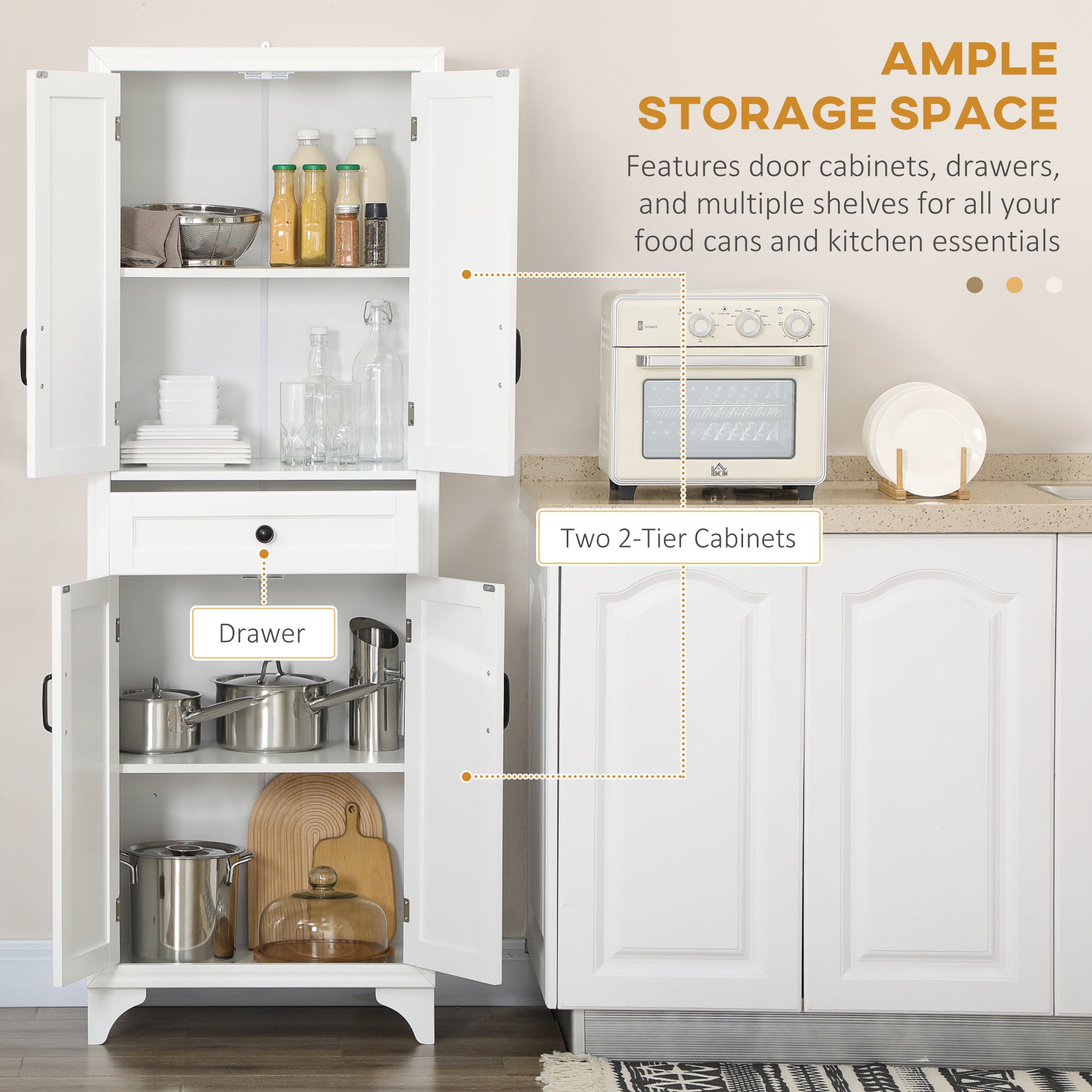 67" 4-Door Kitchen Pantry with Drawer and Adjustable Shelves, White