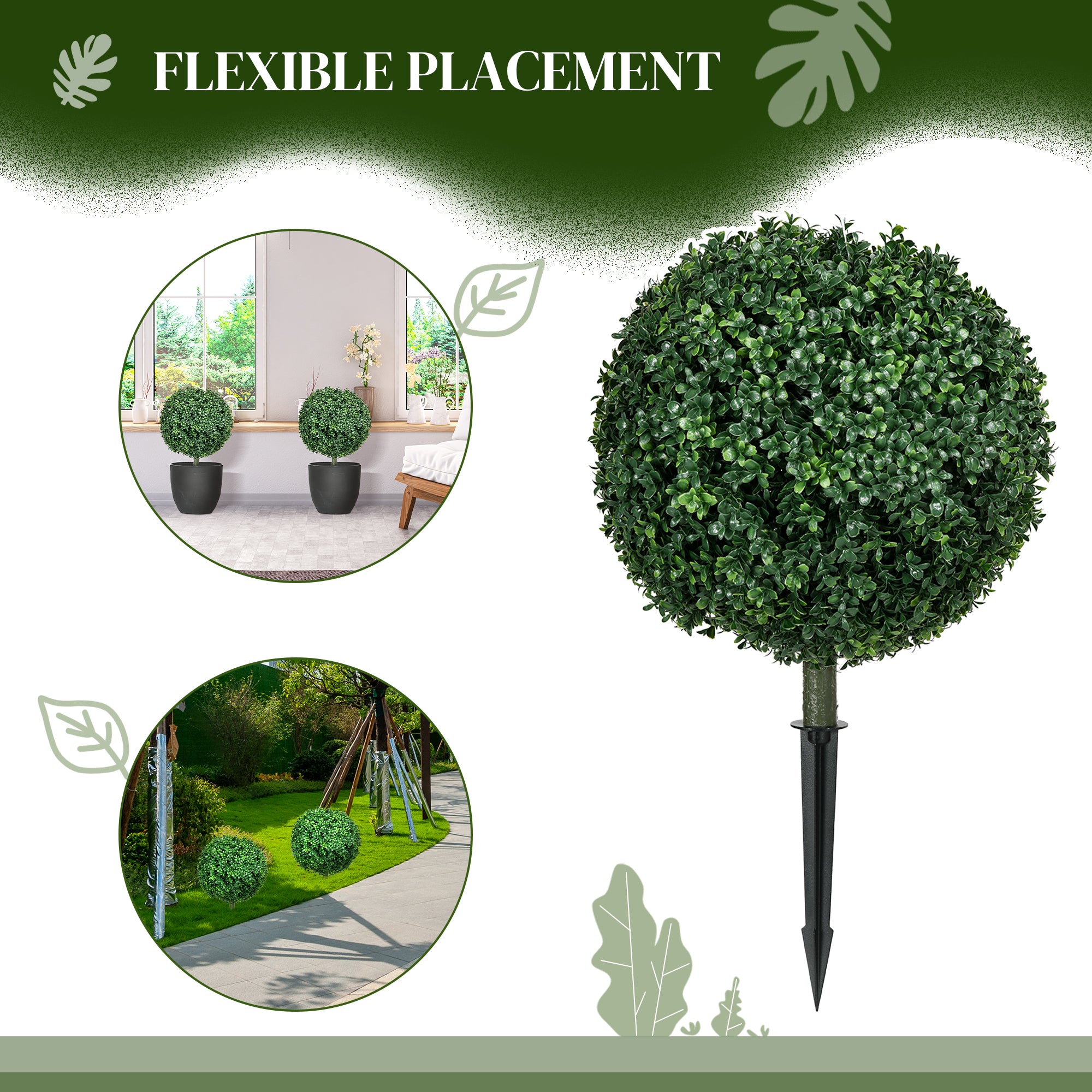 Artificial Boxwood Trees w/ Ground Stake, Set of 2 Ball Shaped Topiary Trees for Home Office & Living Room, UV Resistant