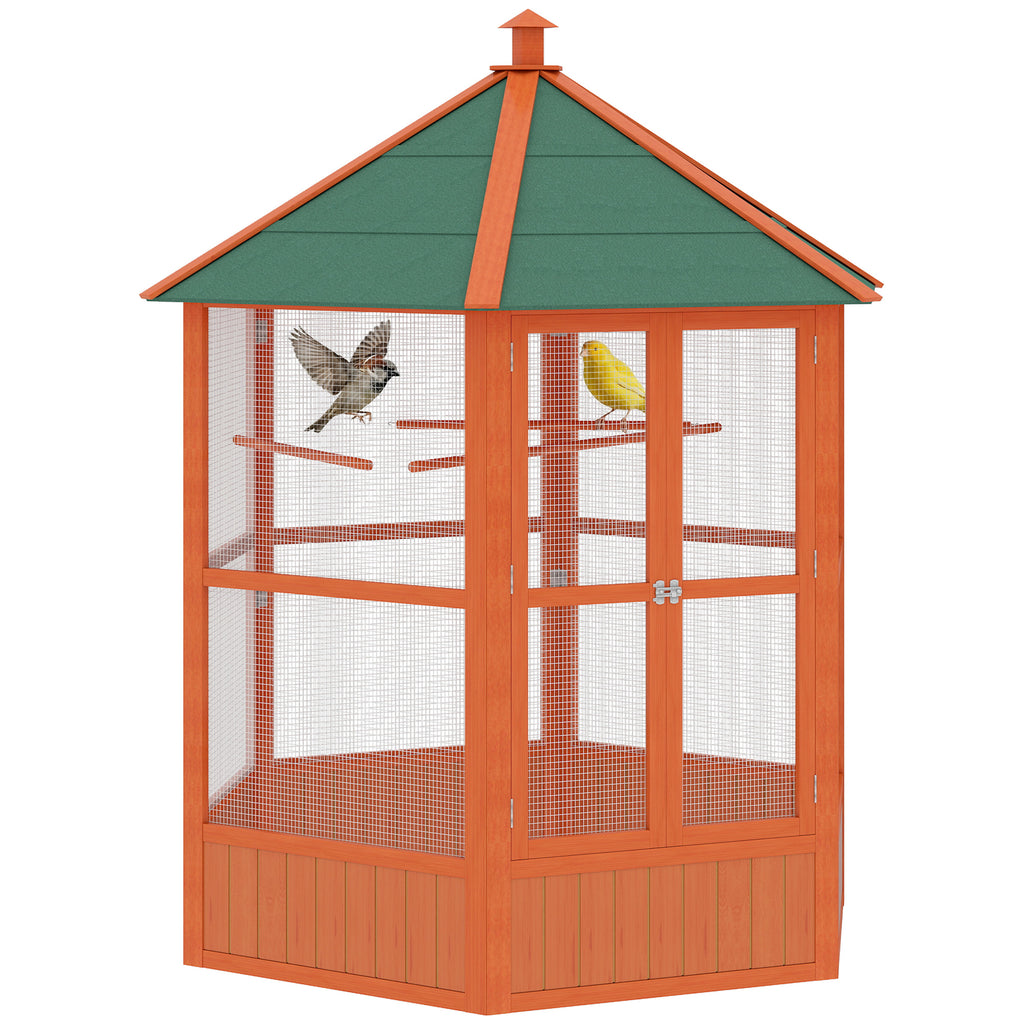 69" Wooden Hexagonal Outdoor Aviary Flight Bird Cage With Covered Roof, Brown