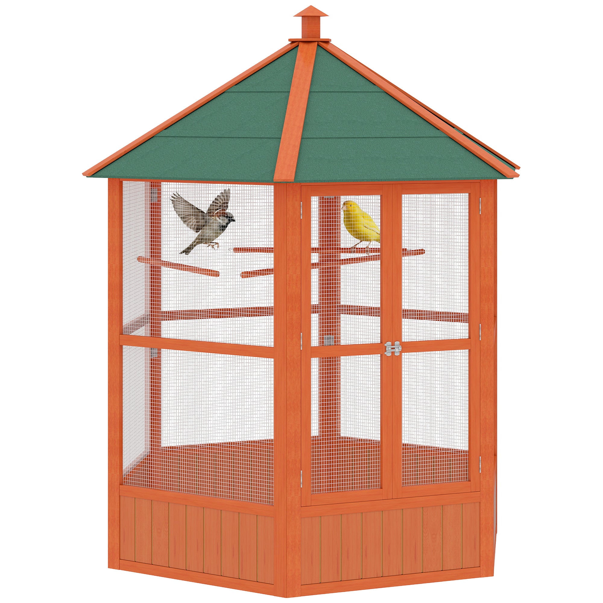 69" Wooden Hexagonal Outdoor Aviary Flight Bird Cage With Covered Roof, Brown