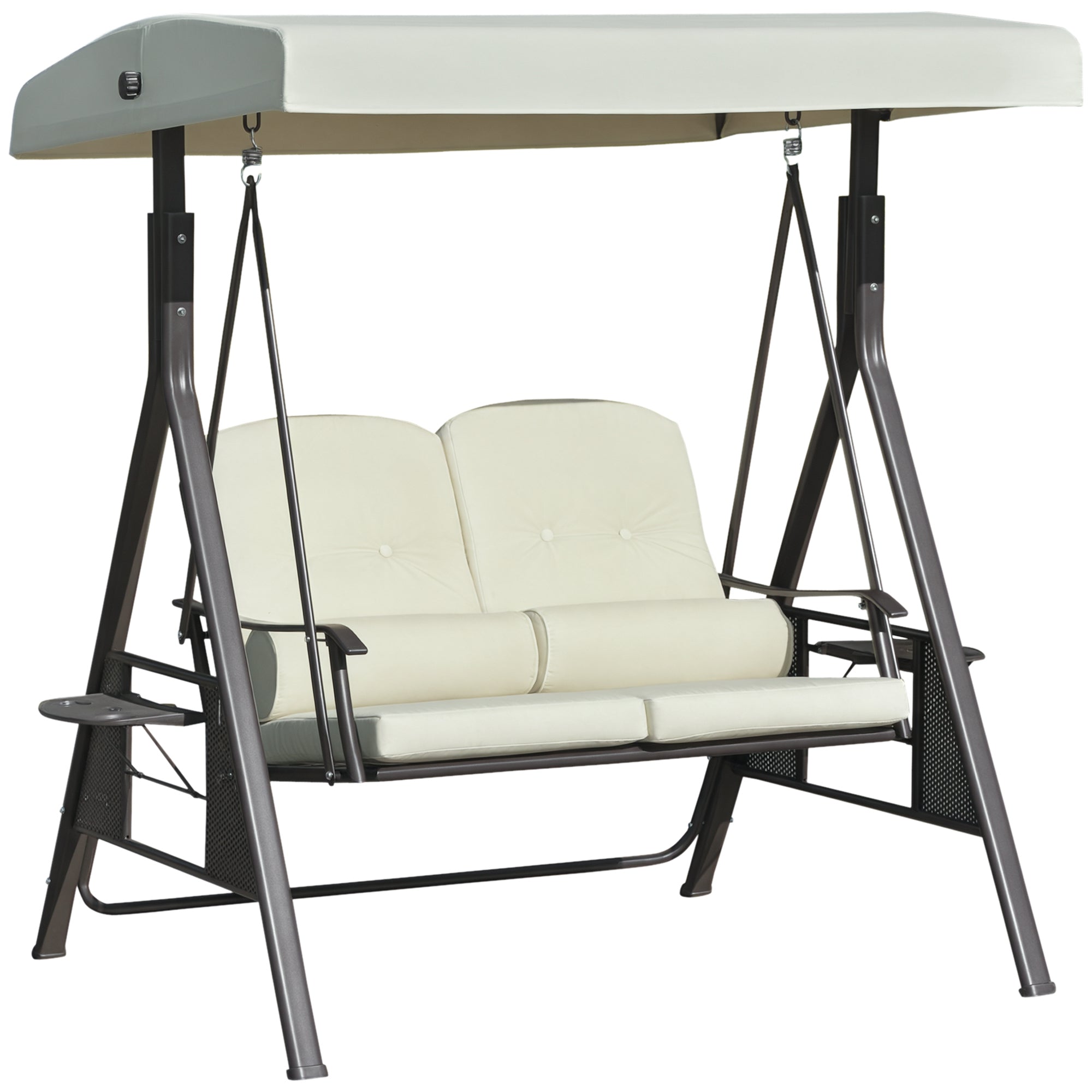 2-Person Patio Swing Bench with Adjustable Shade Canopy, Soft Cushions, Throw Pillows and Tray, Beige.