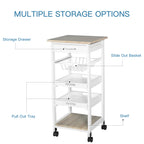 Mobile Kitchen Cart, Rolling Kitchen Island with Storage, Utility Cart with Wire Fruit Baskets, Trays and Drawer, White