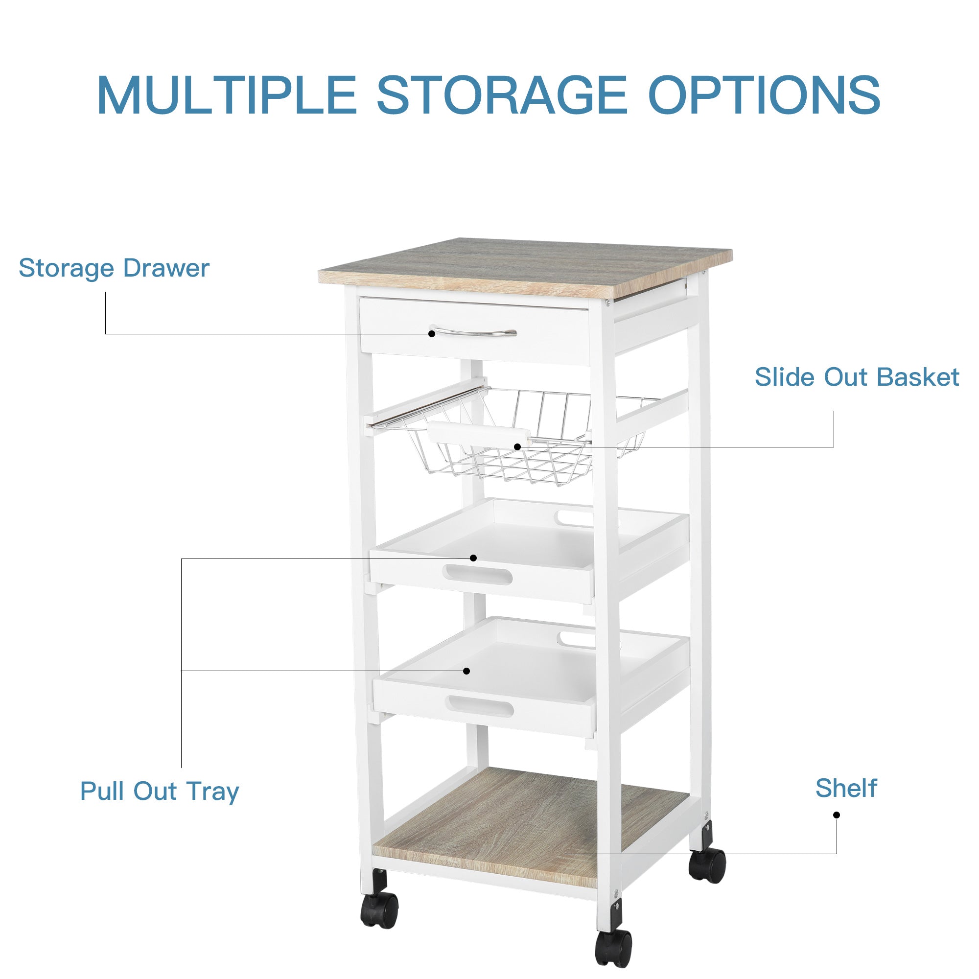 Mobile Kitchen Cart, Rolling Kitchen Island with Storage, Utility Cart with Wire Fruit Baskets, Trays and Drawer, White
