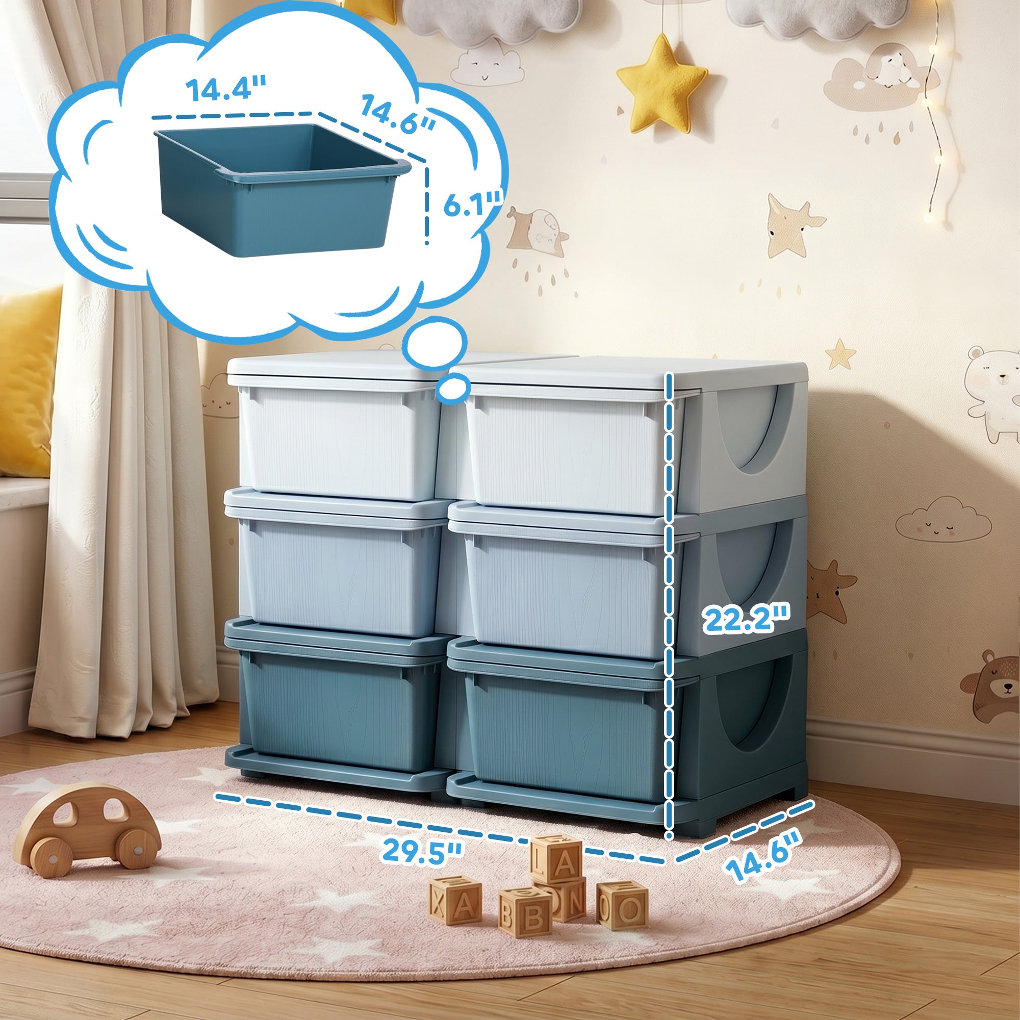 3 Tier Kids Storage Organizer with 6 Drawers for Bedroom, Nursery, Kindergarten, Living Room, Boys and Girls, Blue
