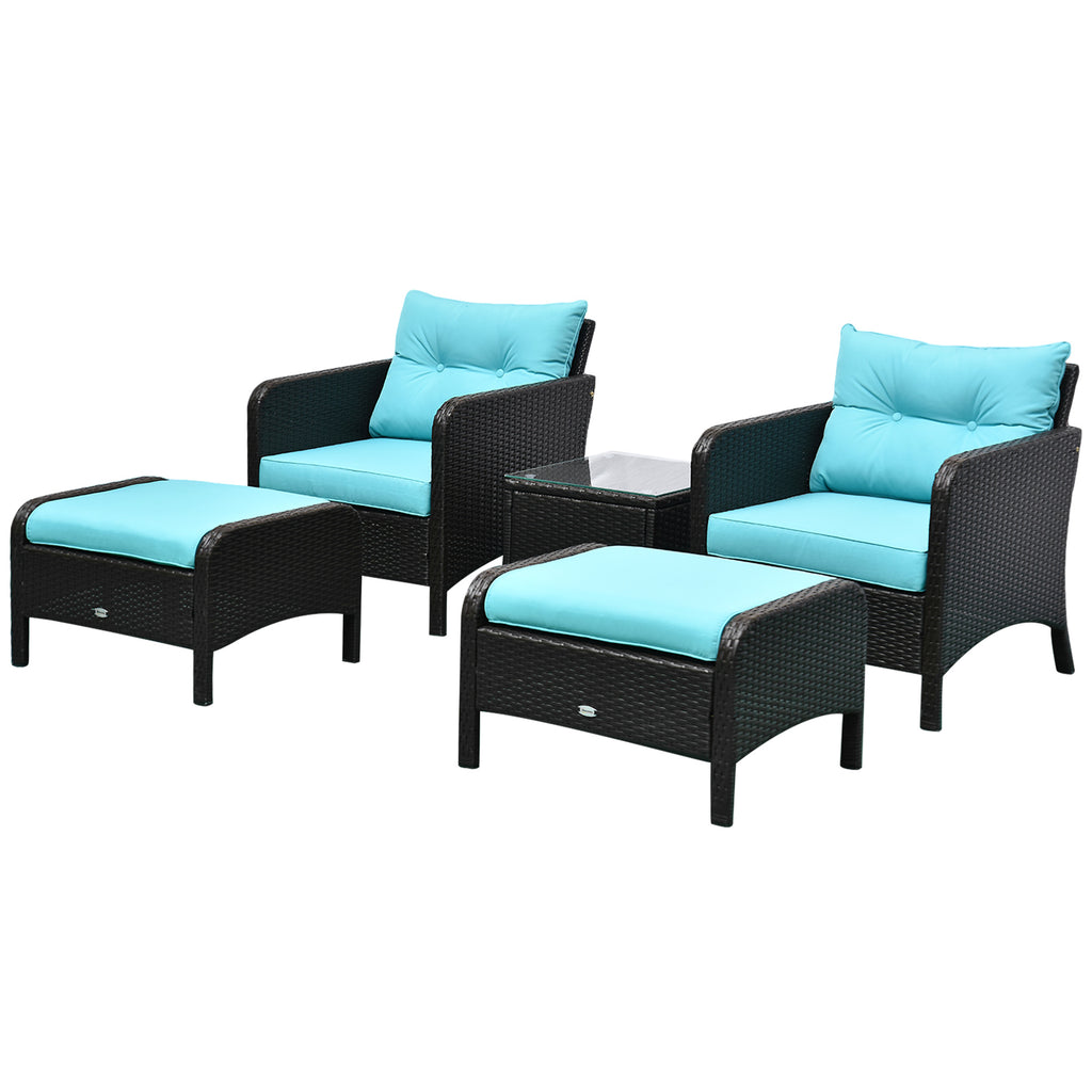 5 Pieces Rattan Wicker Lounge Chair Outdoor Patio Conversation Set with 2 Cushioned Chairs, 2 Ottomans and Tempered Glass Top Coffee Table, Brown/Blue