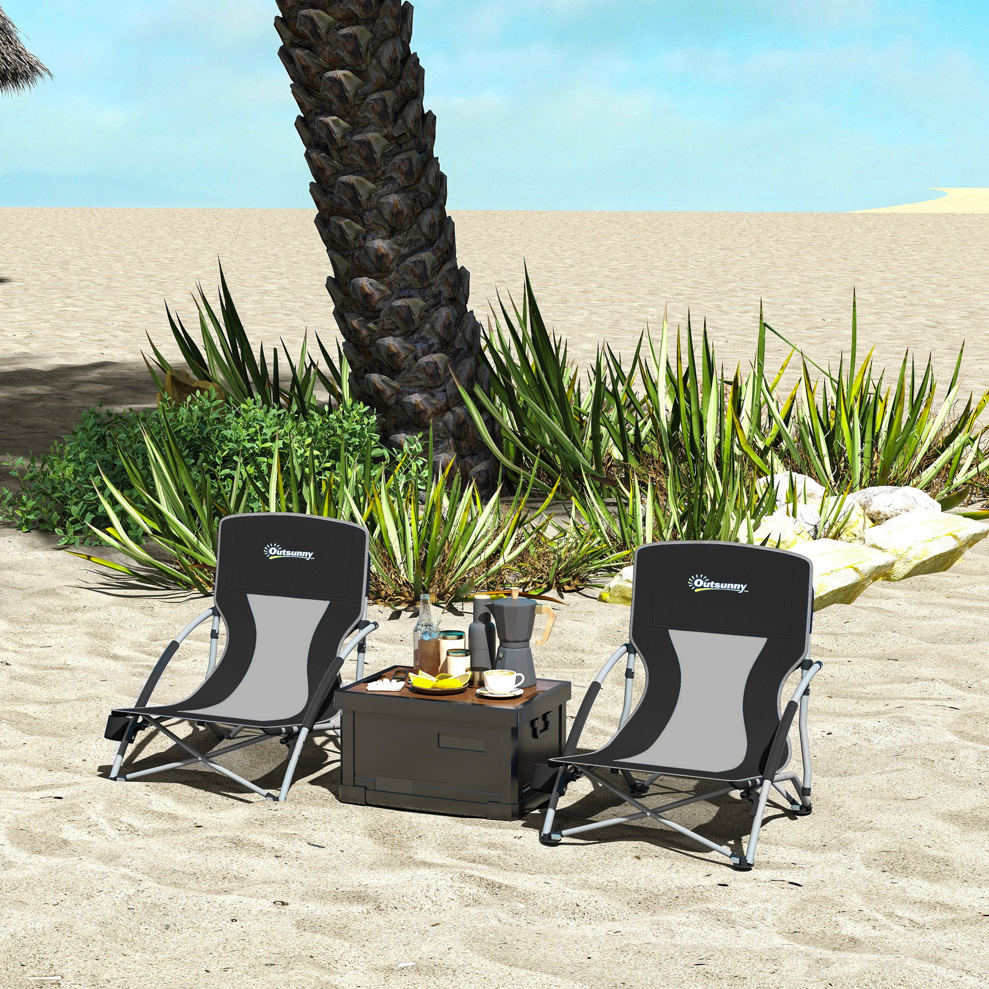 Set of 2 Folding Beach Chairs with Mesh Back, Carry Bag and Cup Holder for Outdoor Camping Lawn Sports Picnic, Black