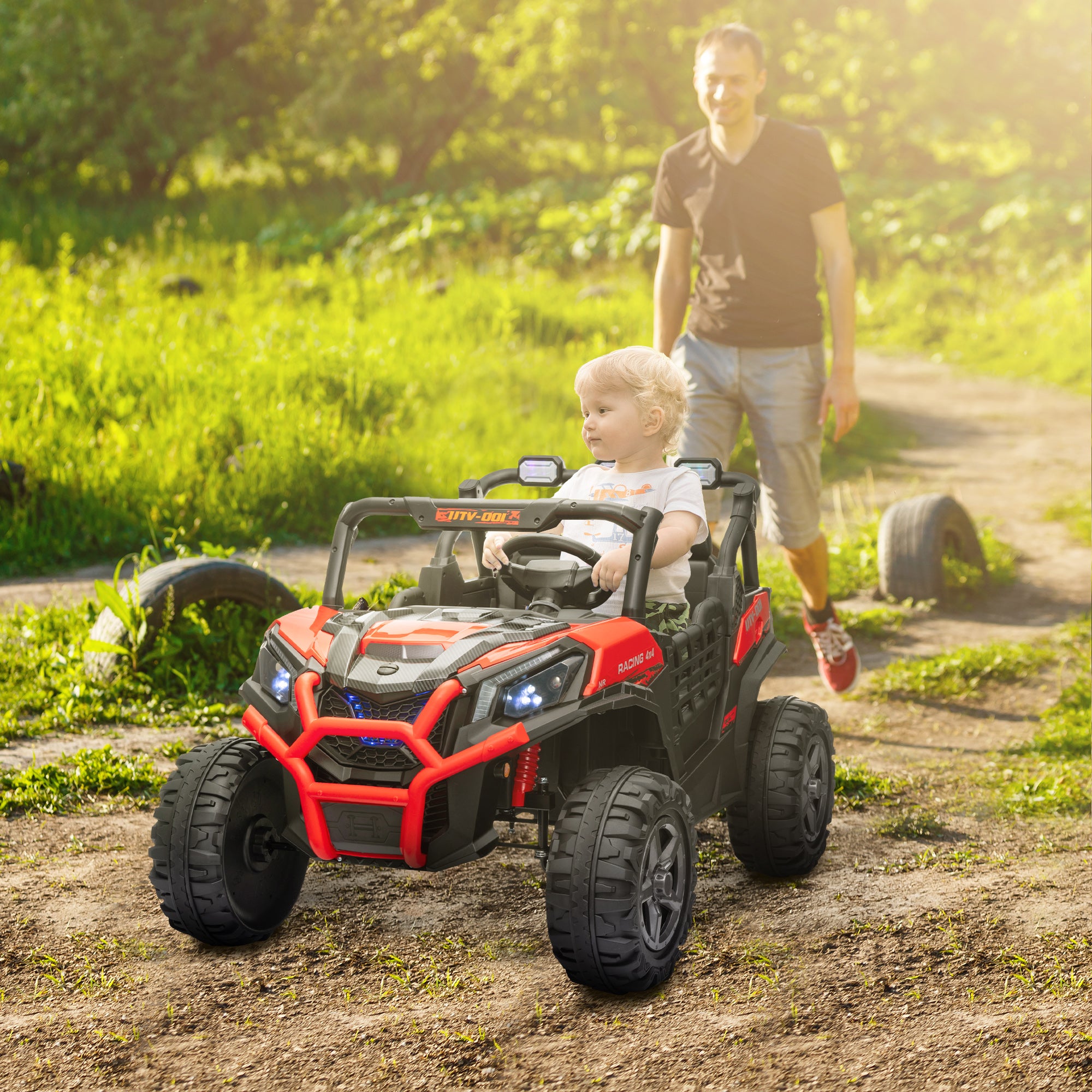 2 Seater 24V Kids Electric Car w/ Remote Control, 3 Speed, LED Lights, Music, Horn, Spring Suspension, Slow Start, Red