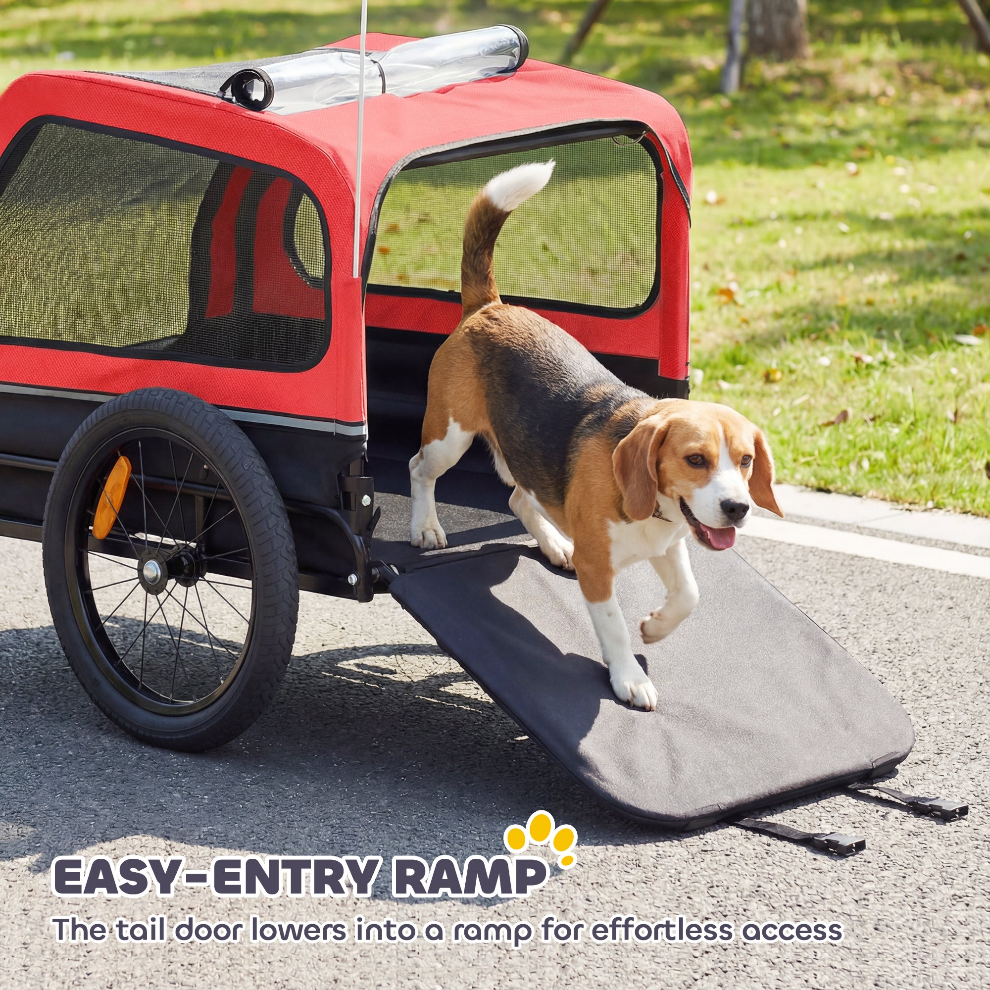 Dog Bike Trailer for Small & Medium Dogs, Universal Bicycle Coupler, Flip-Down Ramp Tailgate, Red