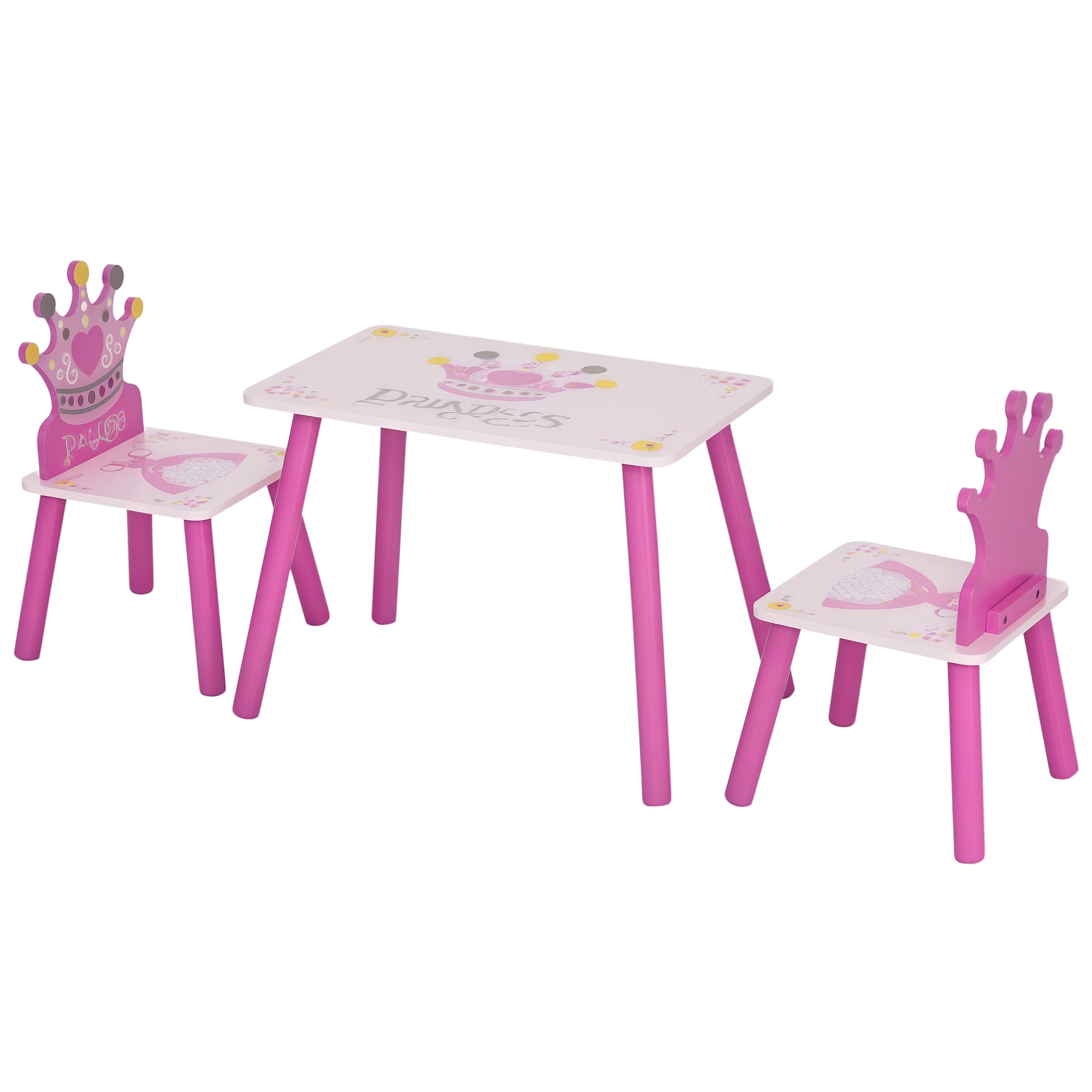 3-Piece Kids Wooden Table and Chair Set with Crown Pattern Gift for Girls Toddlers Arts Reading Writing Age 2-4 Years Pink