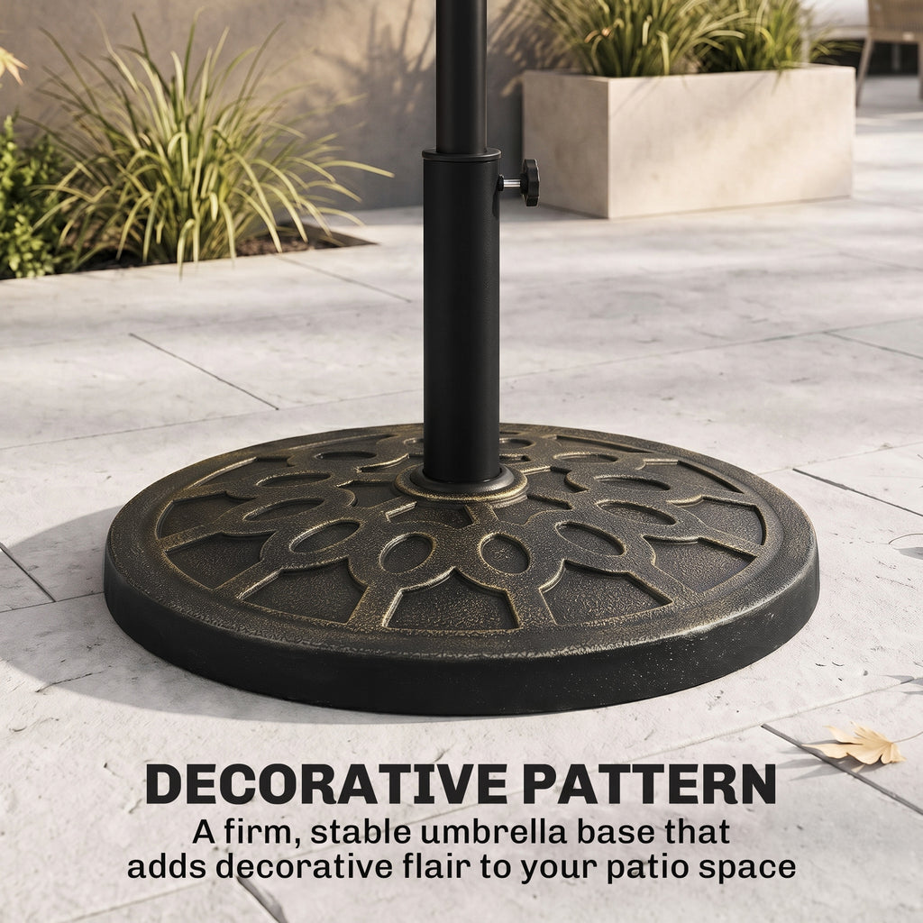 18" 26 lbs Round Resin Umbrella Base Stand Market Parasol Holder with Beautiful Decorative Pattern & Easy Setup, for Φ1.5", Φ1.89" Pole, for Lawn, Deck, Backyard, Garden, Bronze
