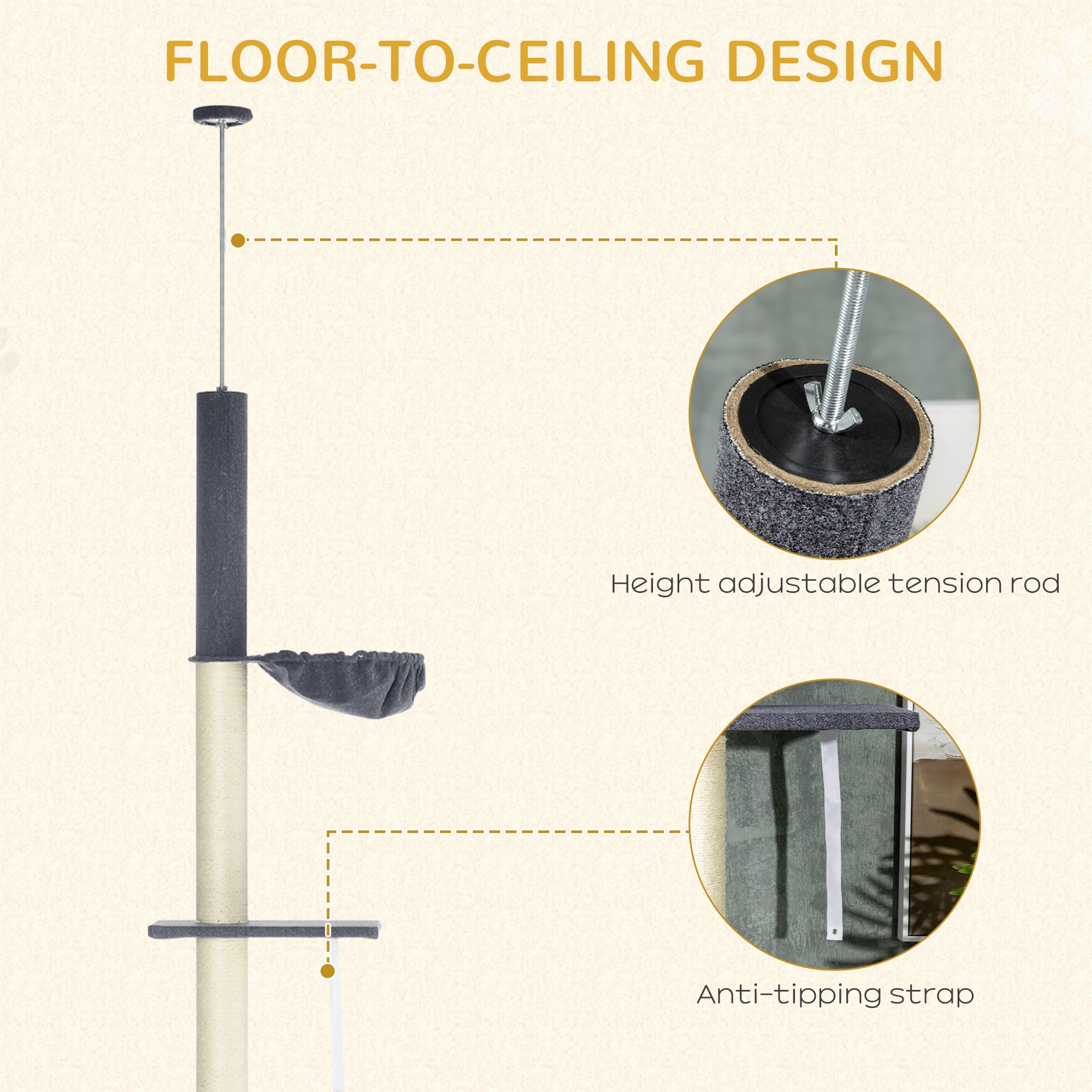 Floor To Ceiling Cat Tree, 5-Tier Cat Climbing Tower, 95''-106'' Height Adjustable with Carpeted Platforms, Cozy Bed, Hammock, Scratching Post & Toy Ball for Indoor Cats, Dark Gray and Cream