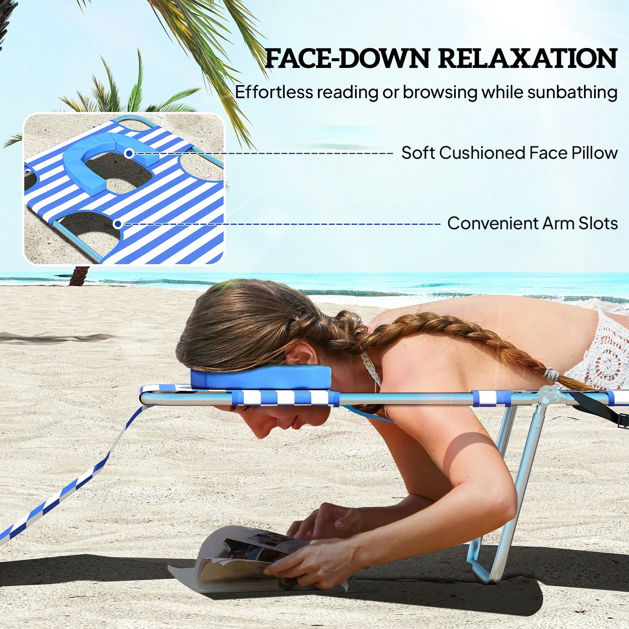 Tanning Chair with Face Hole, 5-Level Adjustable Outdoor Chaise Lounge Chair with Pillow for Beach, Pool, Blue Stripes