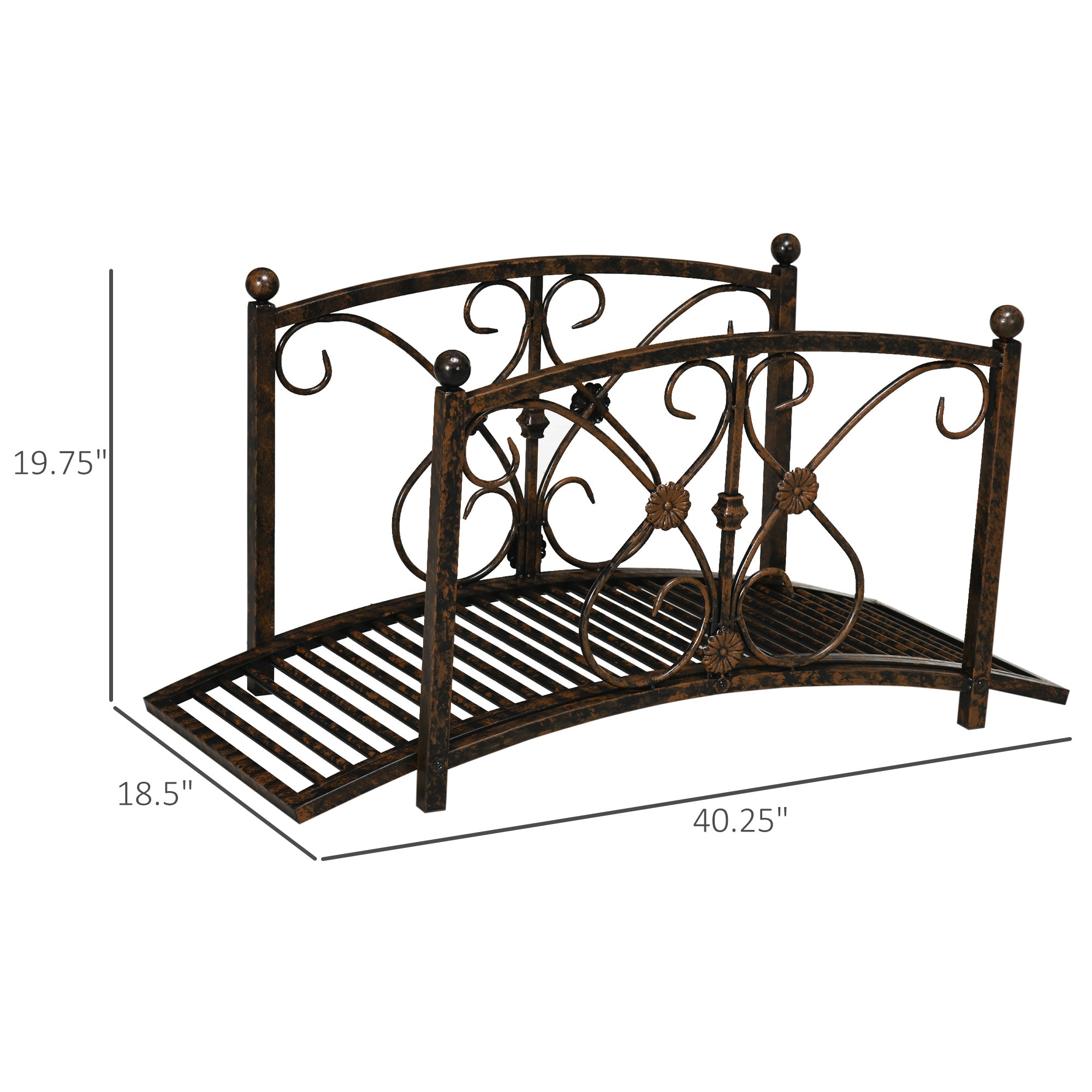 3.3' Metal Garden Bridge, Decorative Classic Footbridge Pond Bridge with Safety Railings for Backyard Garden Creek, Rust Brown