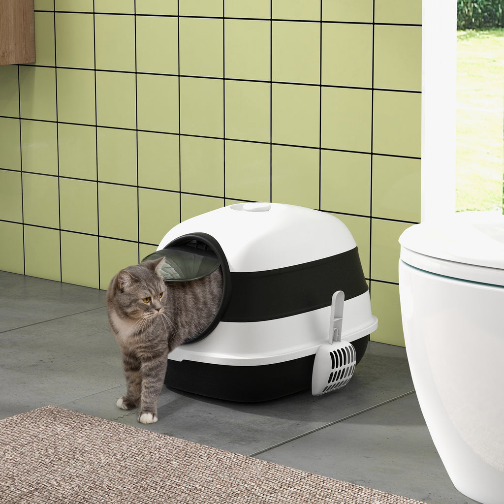 Dome Covered Cat Litter Box with Lid, White and Black