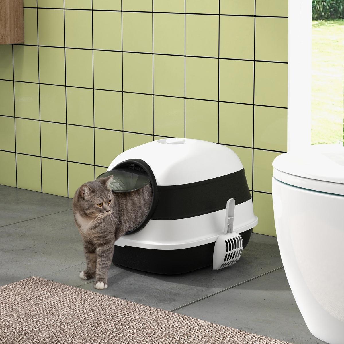 Dome Covered Cat Litter Box with Lid, White and Black
