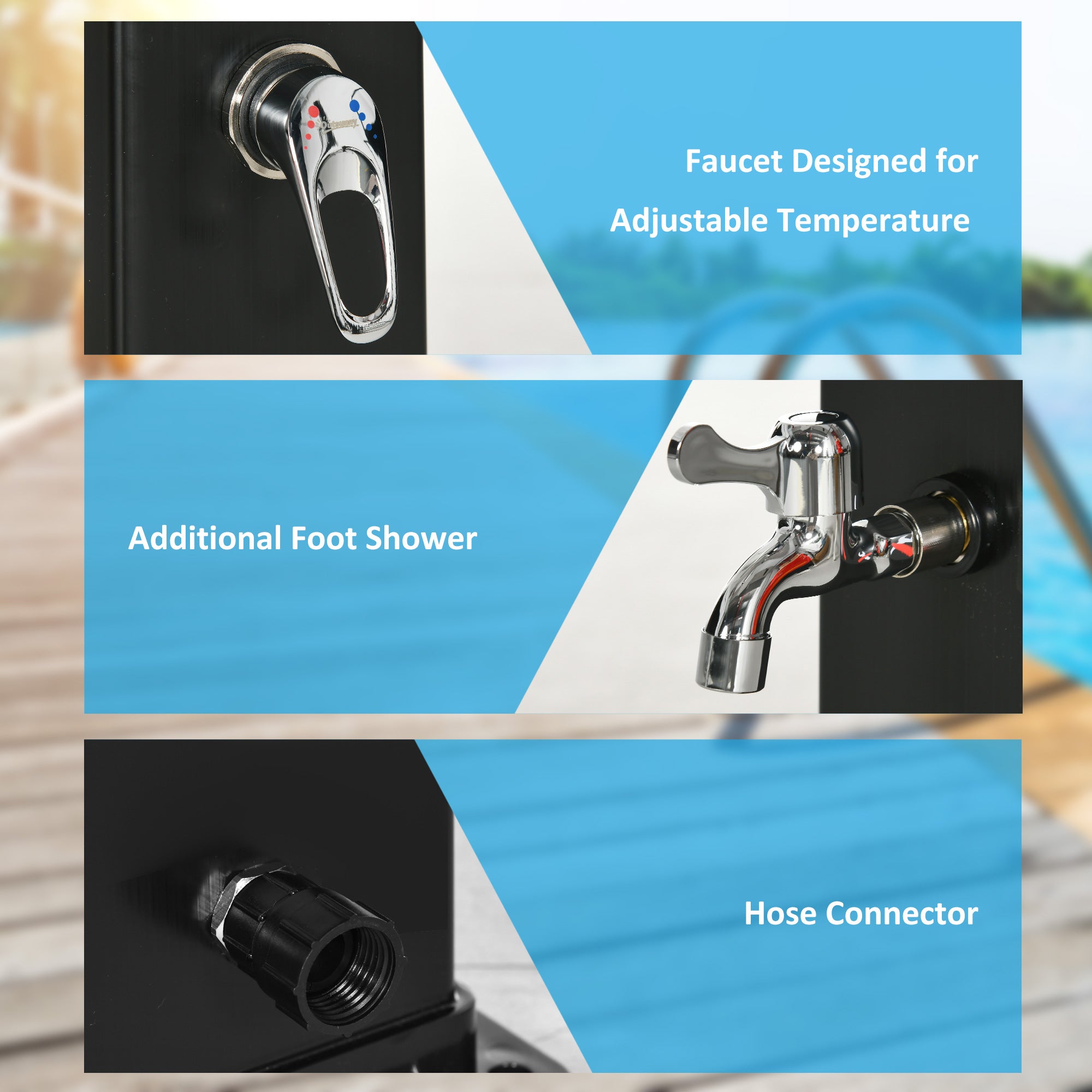 10.6 Gallons Solar Heated Shower with Free-Rotating Shower Head, Temperature Adjustment & Foot Shower, 2-Section Outdoor Shower for Backyard Poolside Beach Pool Spa, 7ft