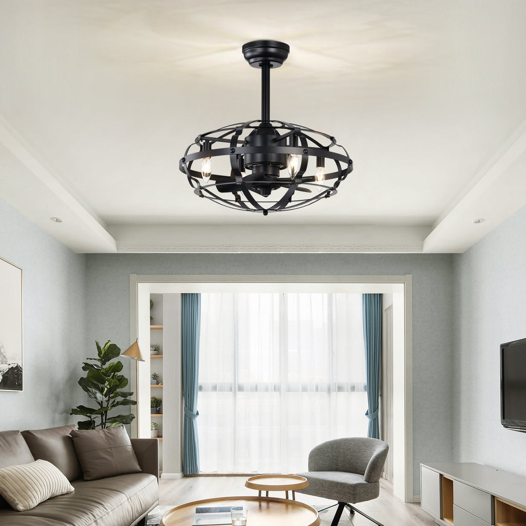 Industrial Bladeless Ceiling Fan with Lights, 18" Caged Design, Reversible Motor, Remote Control, Downrod Mount, E12 Standard Base, Matte Black