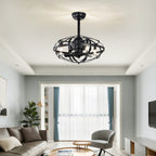 Industrial Bladeless Ceiling Fan with Lights, 18" Caged Design, Reversible Motor, Remote Control, Downrod Mount, E12 Standard Base, Matte Black