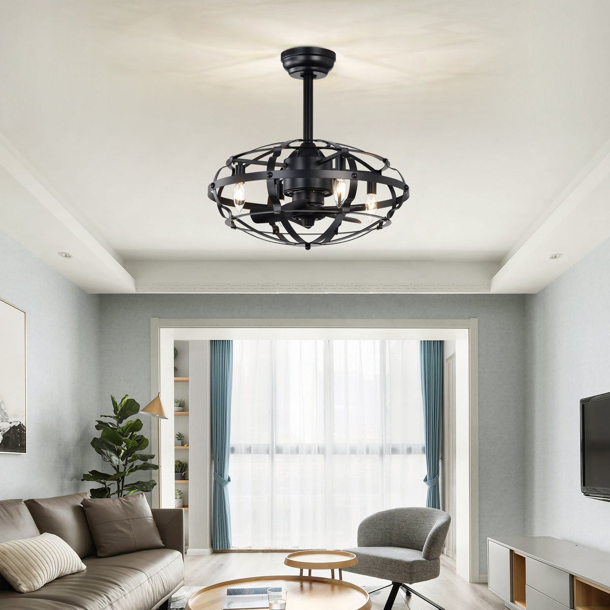 Industrial Bladeless Ceiling Fan with Lights, 18" Caged Design, Reversible Motor, Remote Control, Downrod Mount, E12 Standard Base, Matte Black