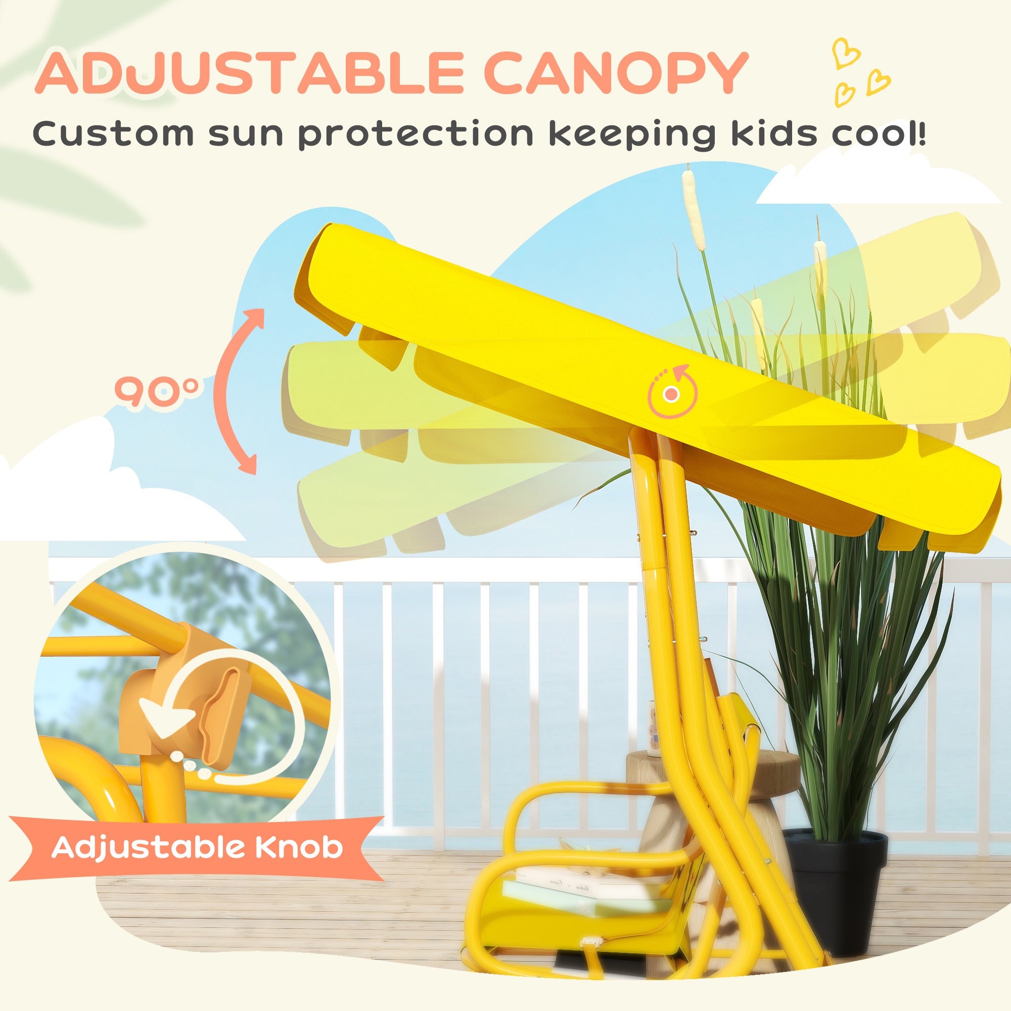 Kids Patio Swing Chair with Adjustable Canopy, Safety Belt for Patio, Garden, Poolside, Balcony, Yellow