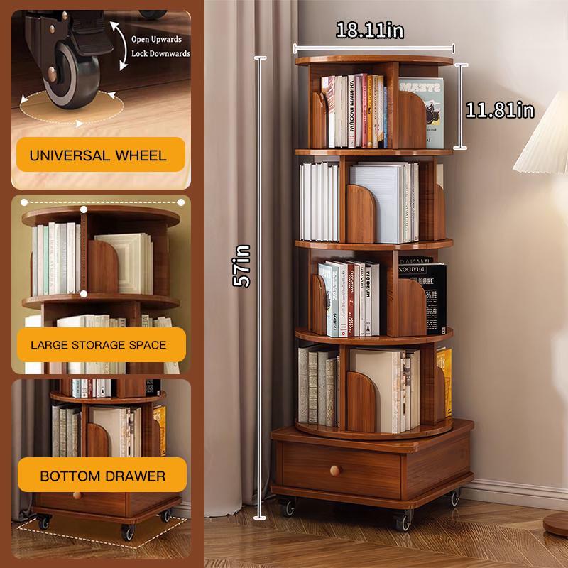 5-Tier Corner Bookcase for Small Spaces, 360-Degree Rotating Display Bookshelf with Drawer, 18" L x 18" W x 57" H, Walnut Brown
