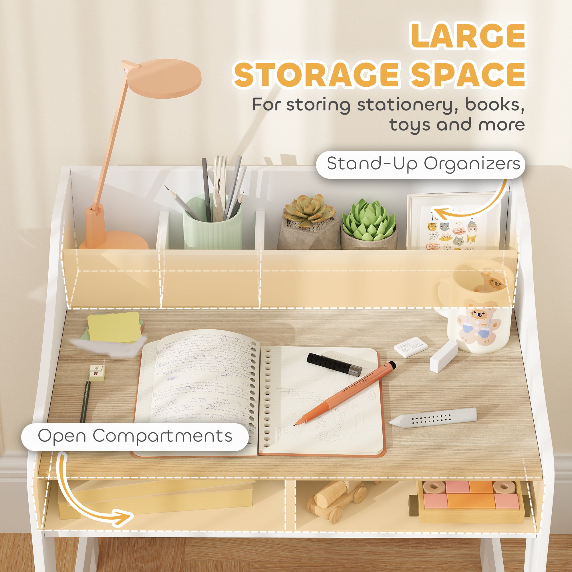 Kids Desk and Chair Set with Storage and Shelves, for Bedroom & Study Room, Gift for 3-8 Years Old, Natural Wood
