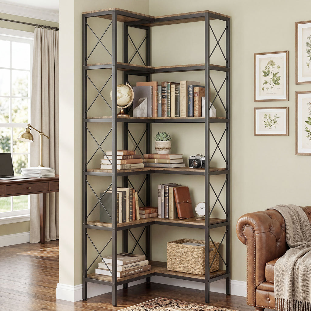 5-Tier L-Shaped Bookshelf, Freestanding Bookcase with Metal Frame, Rustic Brown