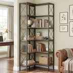 5-Tier L-Shaped Bookshelf, Freestanding Bookcase with Metal Frame, Rustic Brown