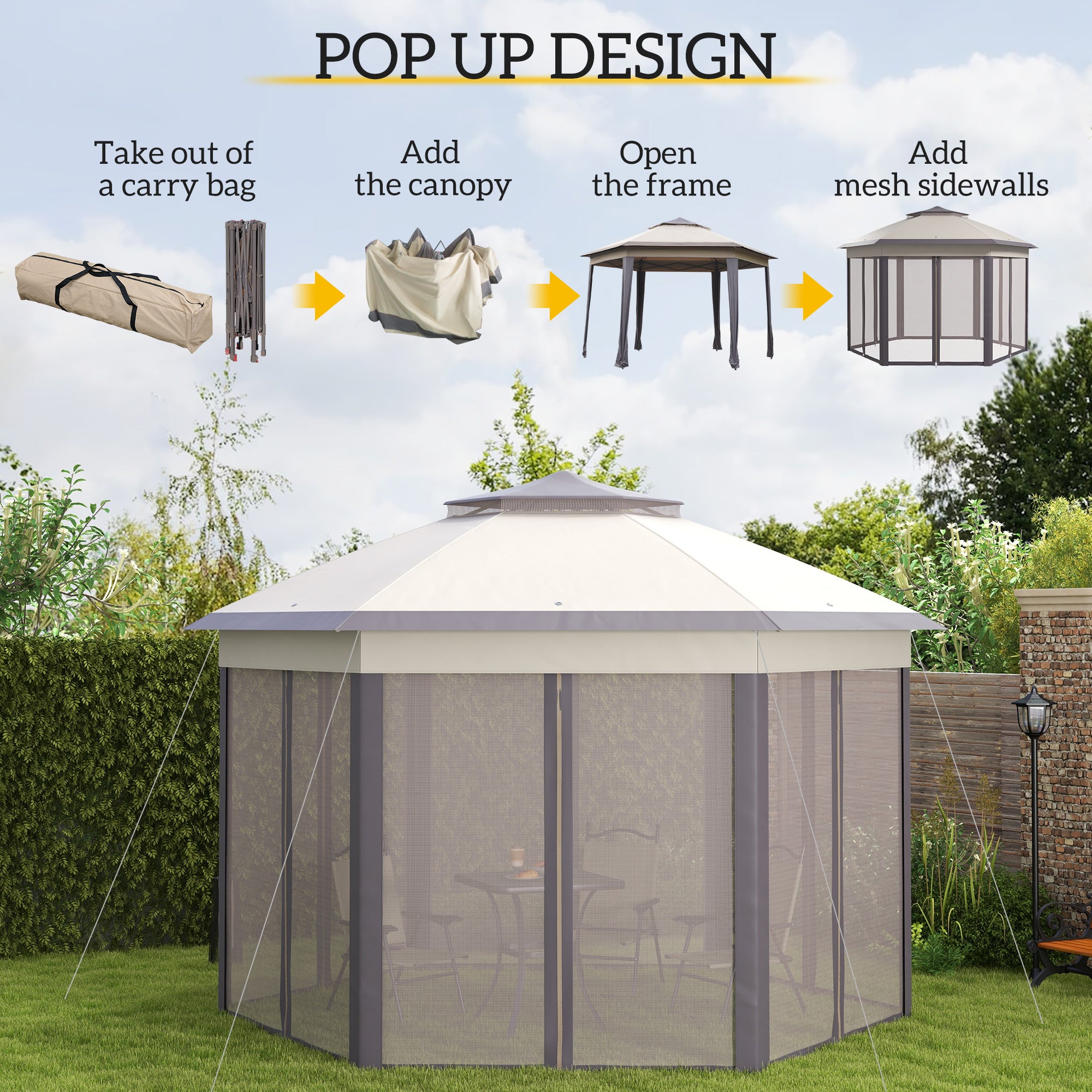 13' x 13' Pop Up Gazebo Hexagonal Canopy Shelter with 6 Zippered Mesh Netting for Patio Backyard Garden Wedding Party