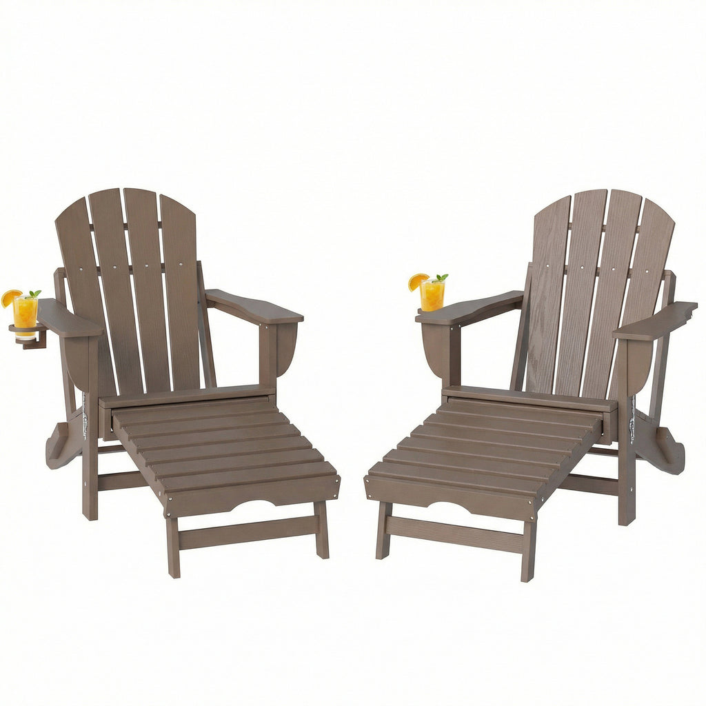 Folding Adirondack Chair Set of 2, HDPE Fire Pit Chair with Retractable Ottoman and Cup Holder, Brown