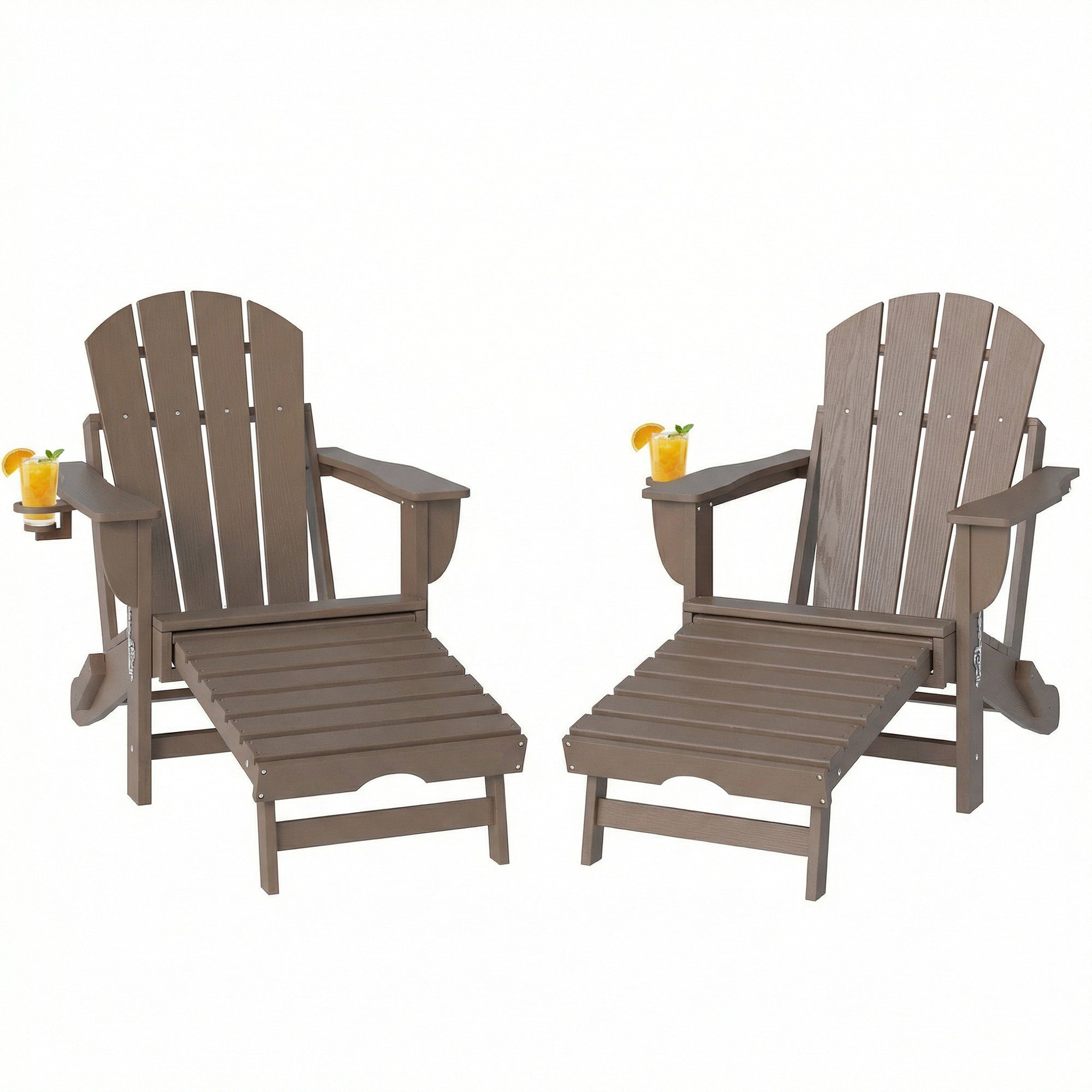 Folding Adirondack Chair Set of 2, HDPE Fire Pit Chair with Retractable Ottoman and Cup Holder, Brown