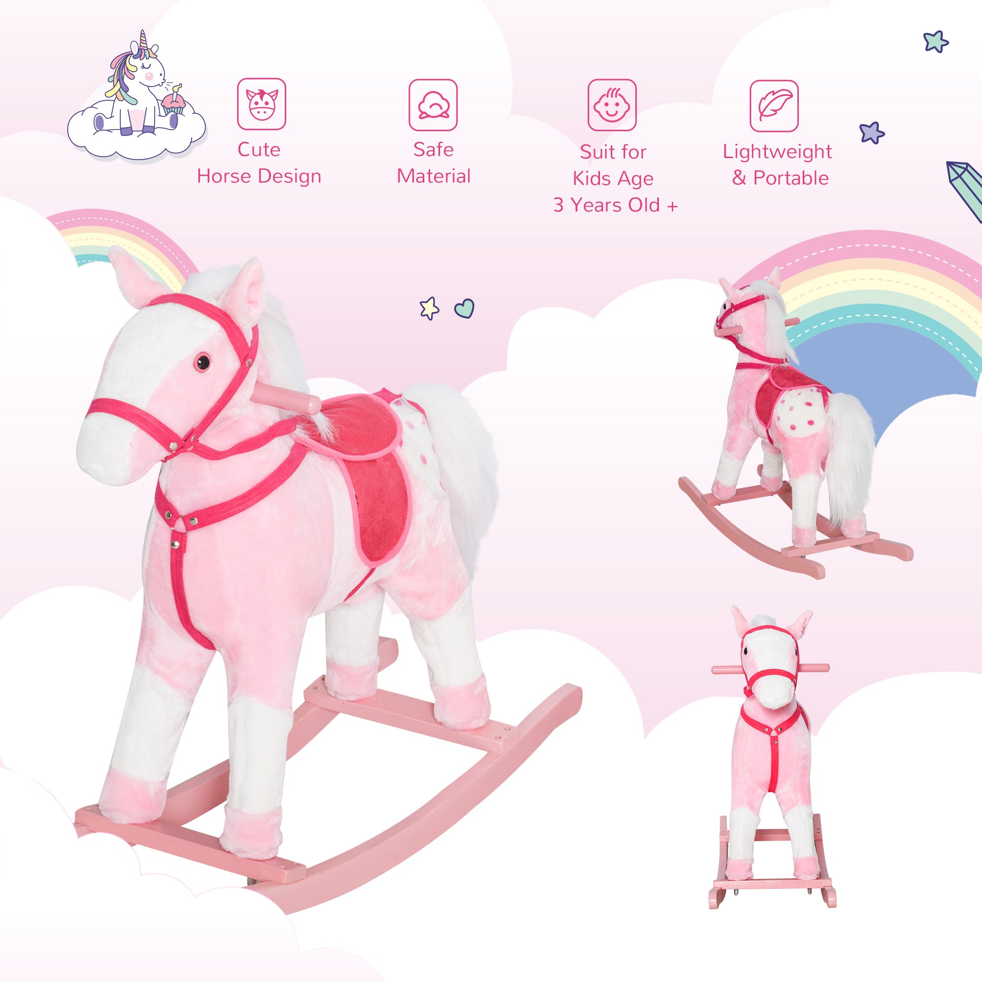Kids Plush Toy Rocking Horse Pony Toddler Ride on Animal Rocker with Realistic Sounds, Birthday Gifts for Girls, Pink